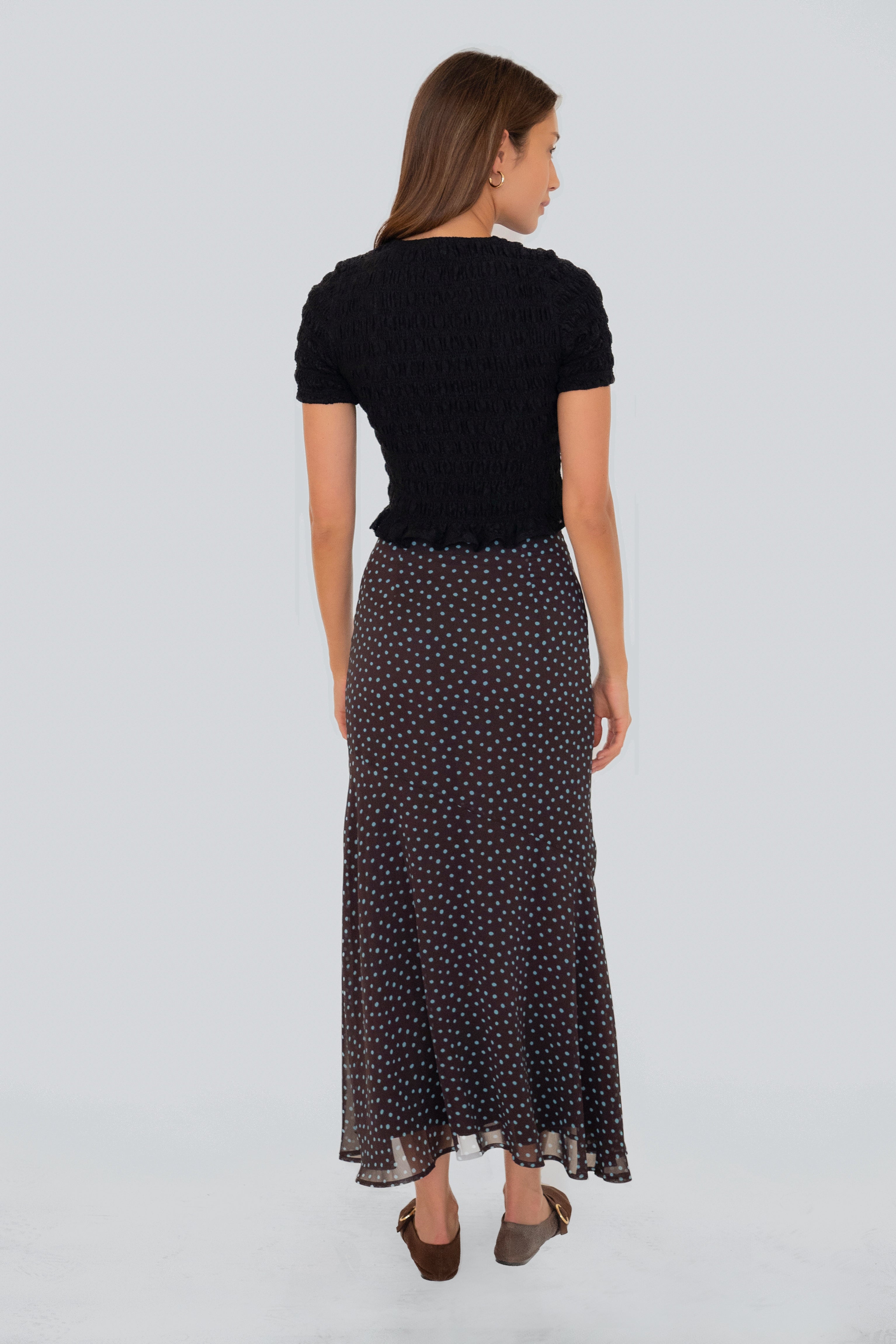 Alma Polka Dot Chiffon Asymmetric Maxi Skirt