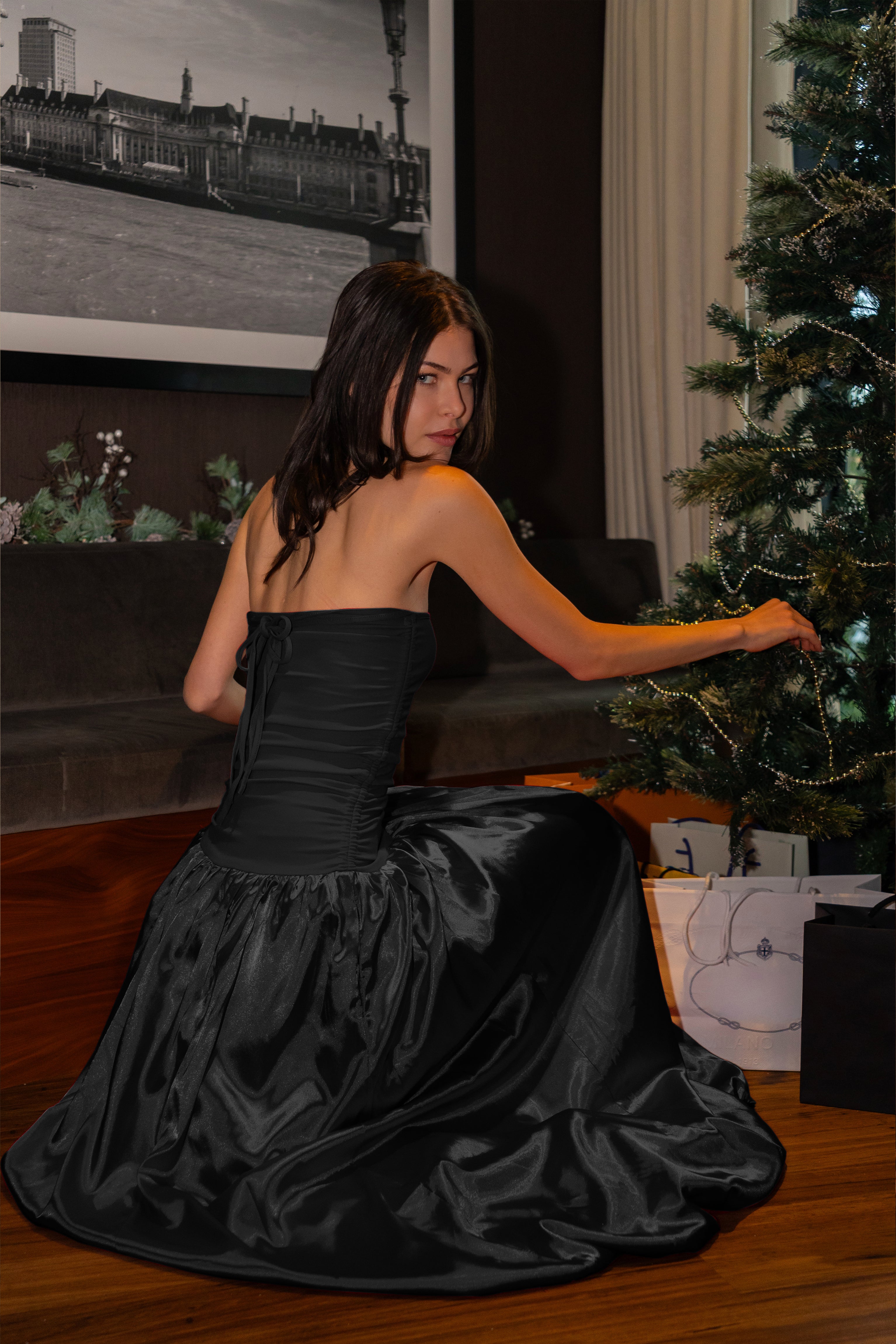 Alexa Rich Cotton Black Satin Puffball Maxi Dress