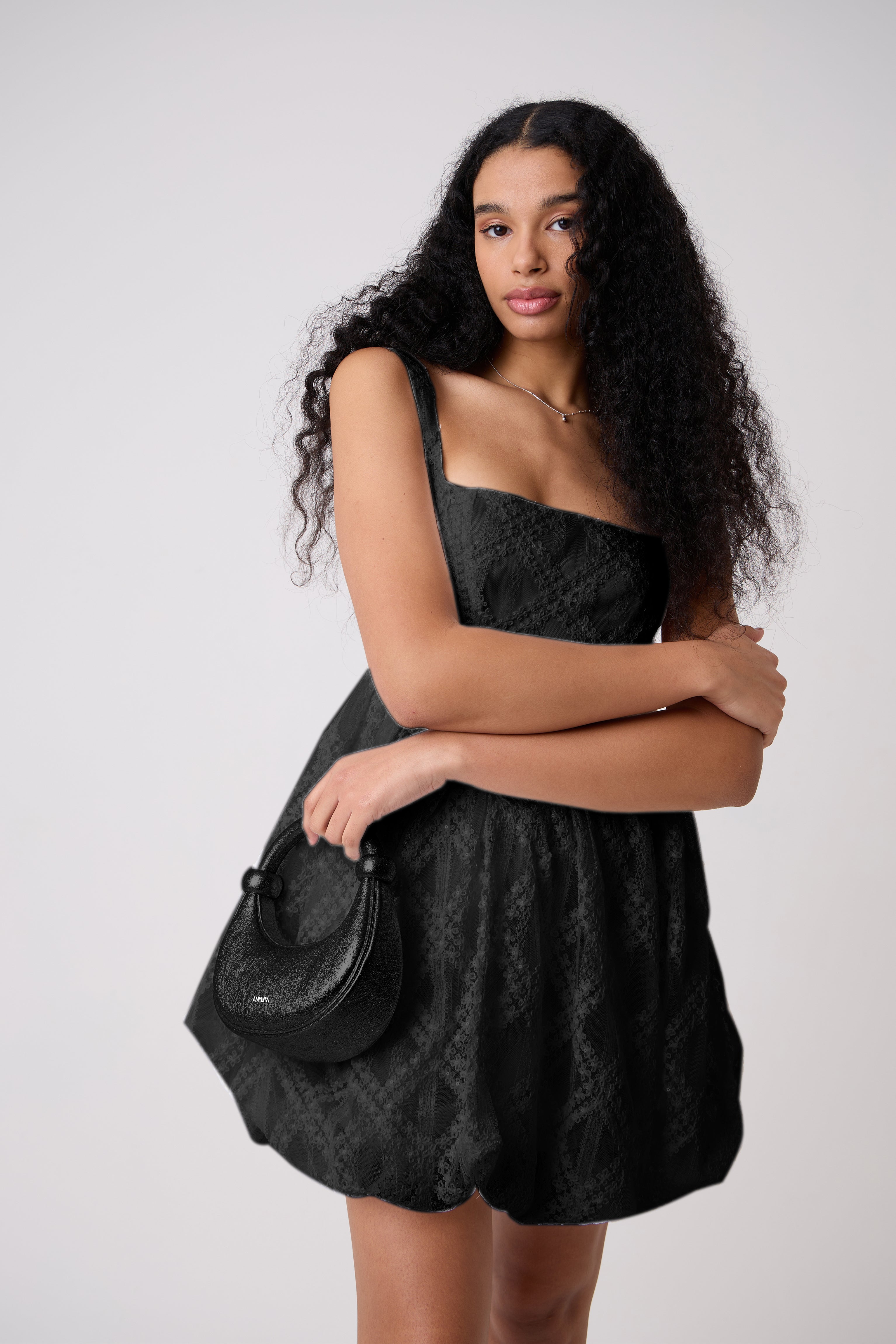 Kyoto Black Sparkle Leather Crossbody Crescent Bag