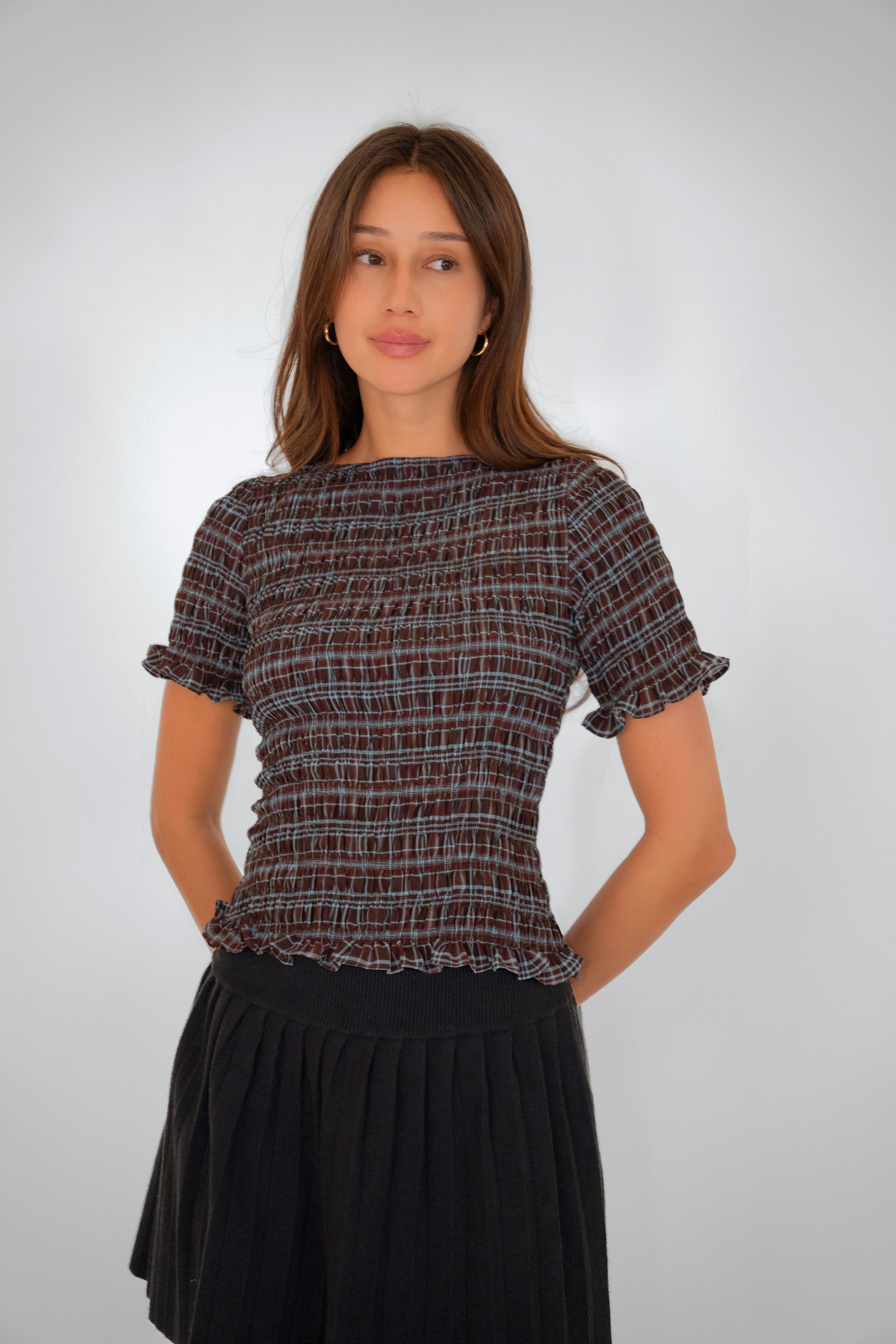 Kitty Heritage Check Chiffon Smocked Frill Sleeve Top