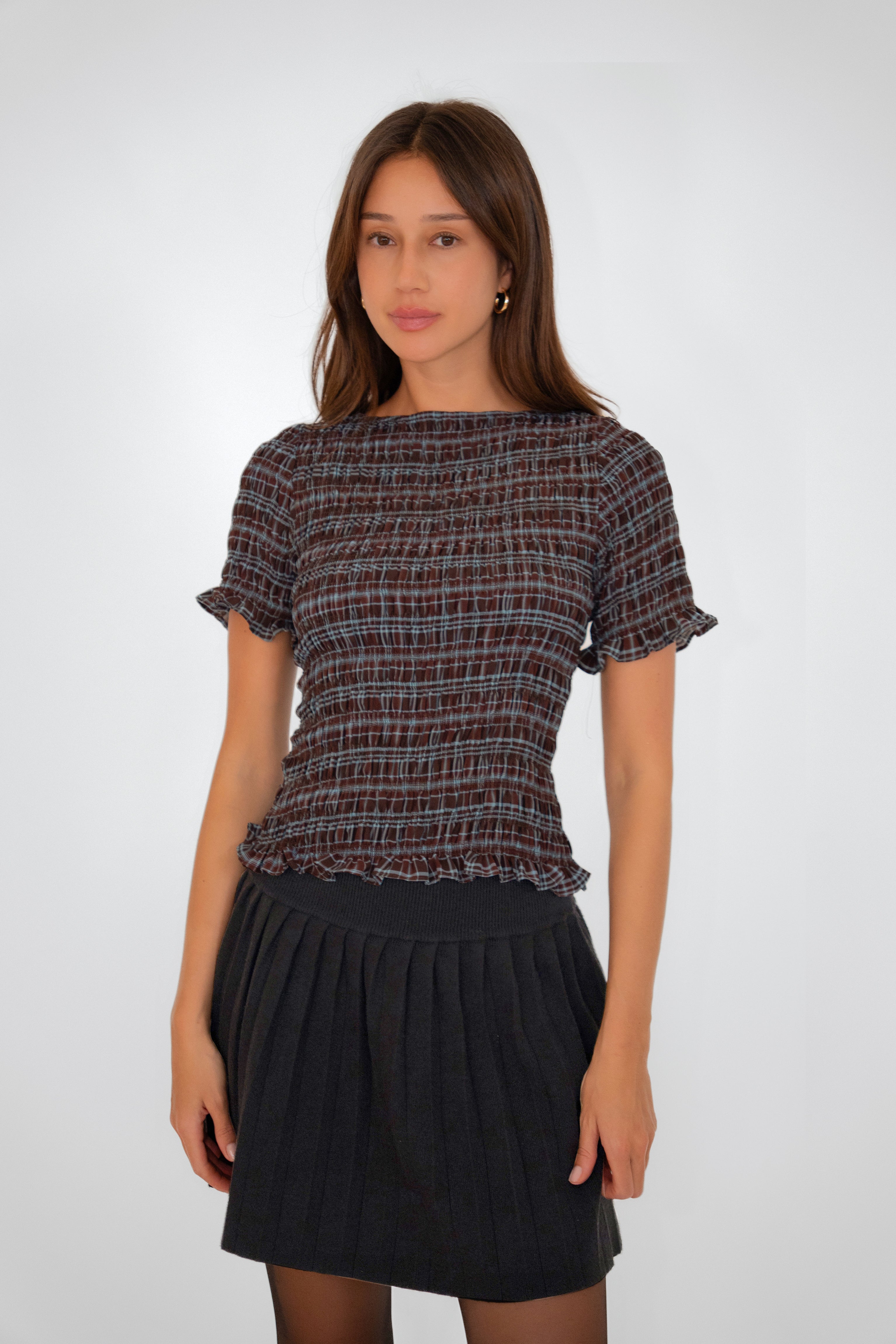 Kitty Heritage Check Chiffon Smocked Frill Sleeve Top