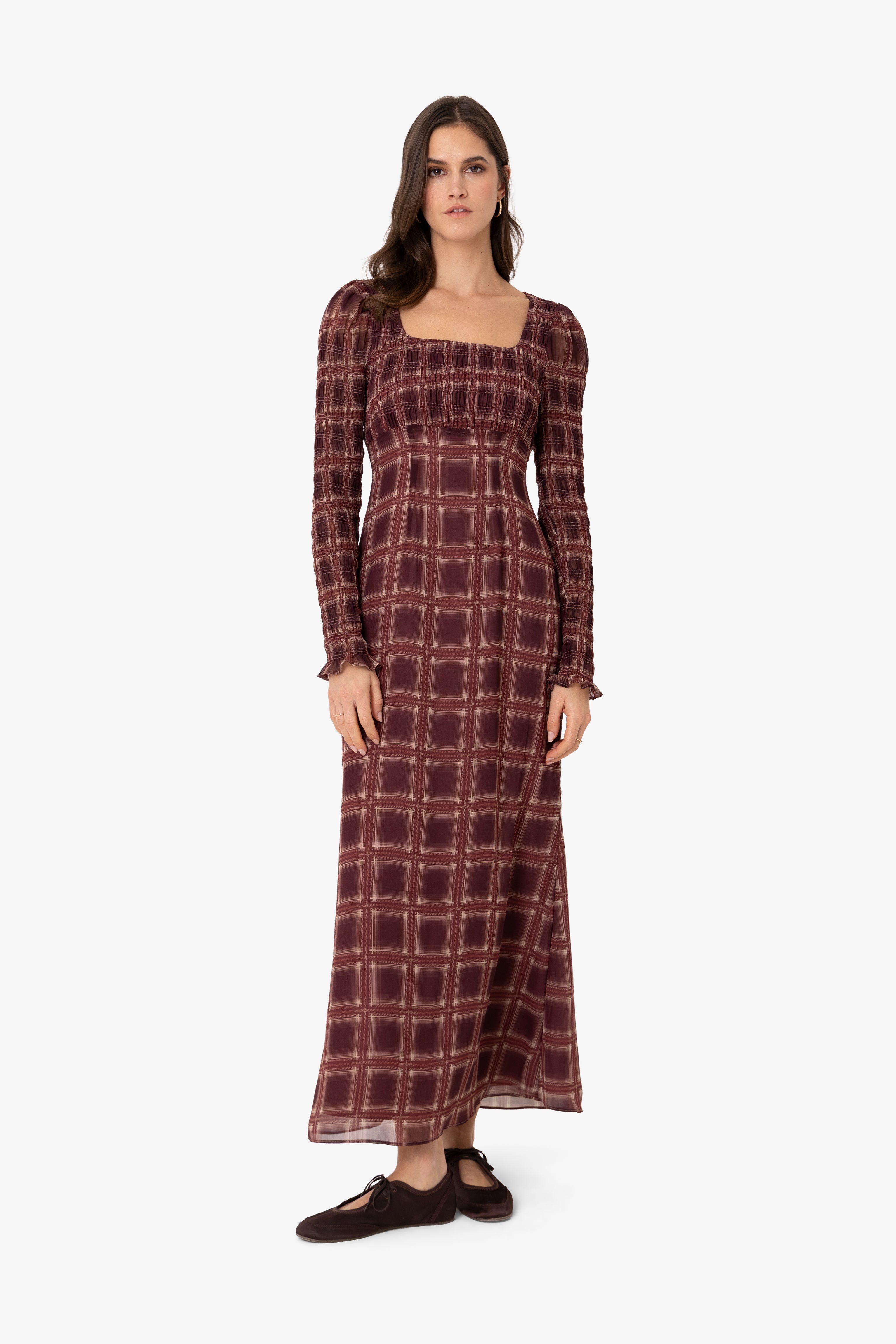 Noor Smocked Checkered Long Sleeve Column Dress