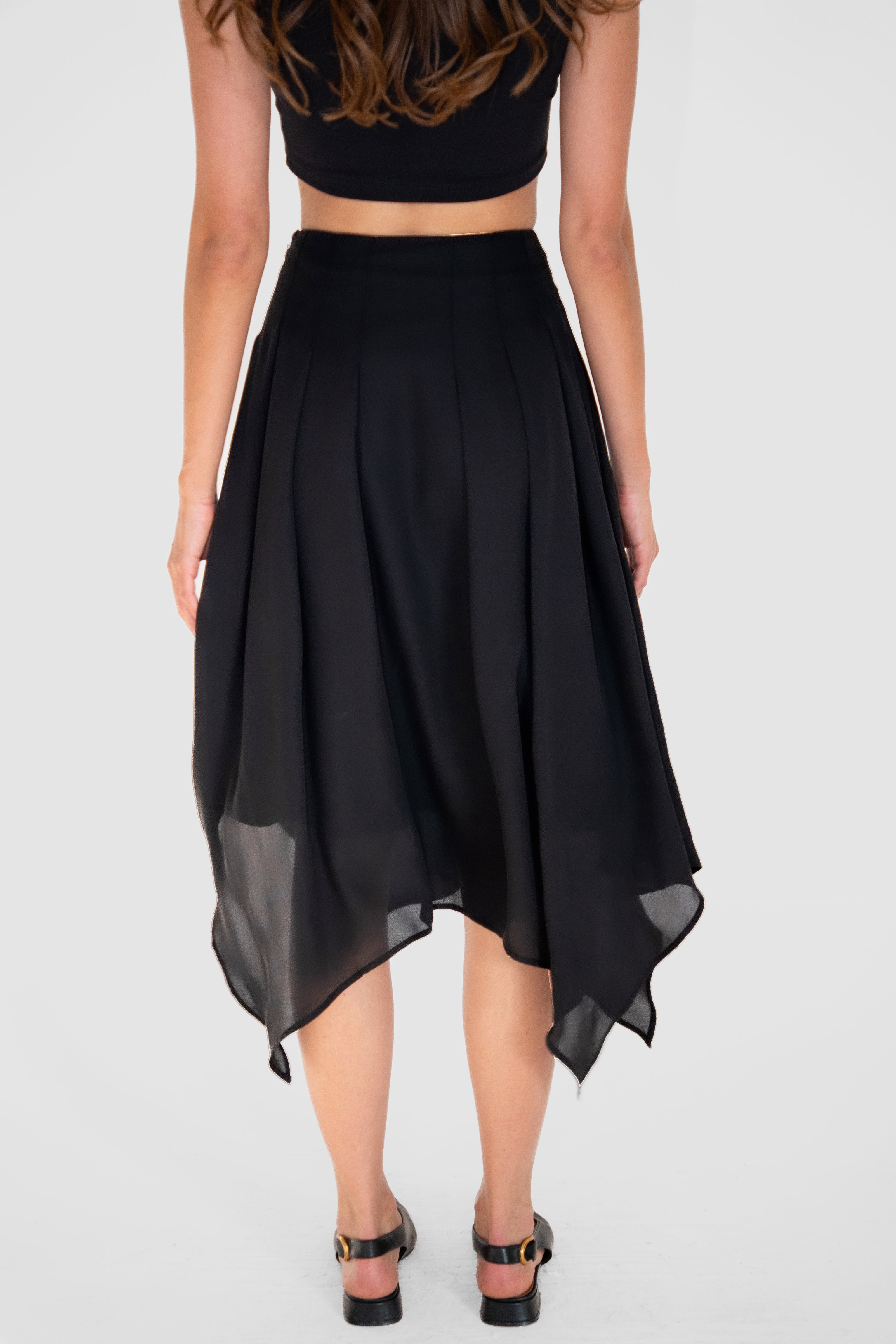 Tilda Black Asymmetric Chiffon Midi Skirt