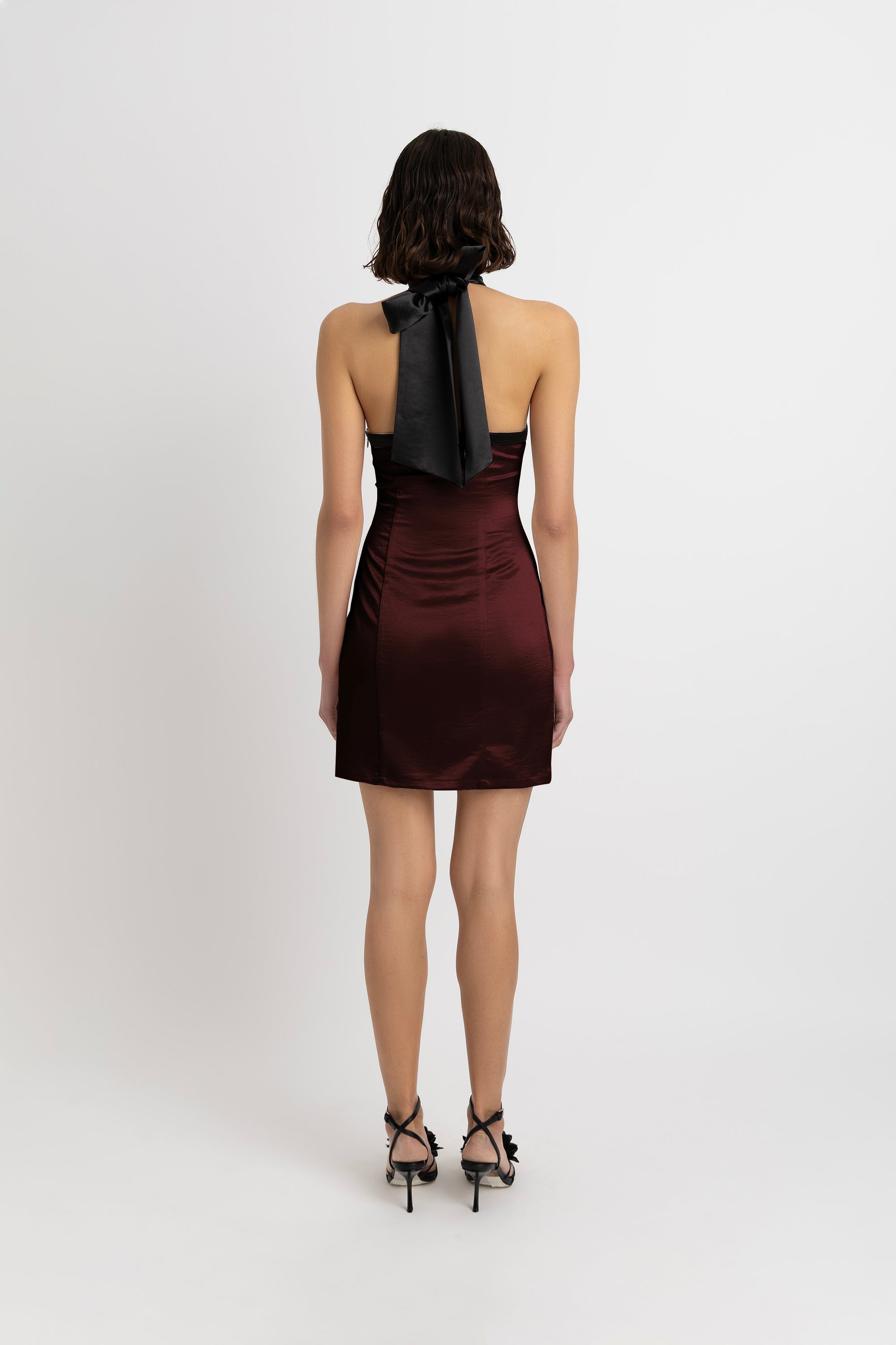 Rosella Satin Halterneck Mini Dress in Brown