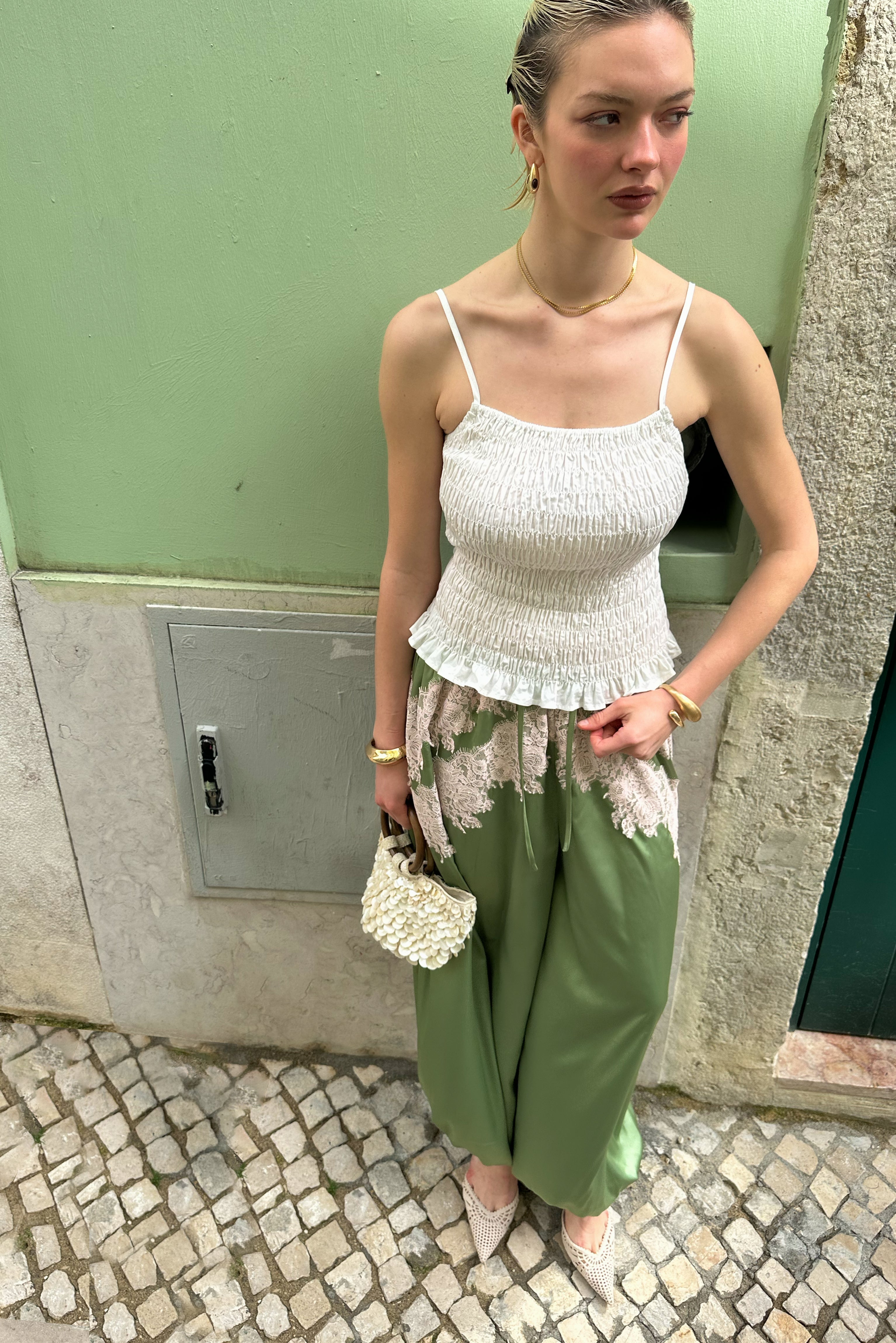 Emmie Lace-Detail Satin Balloon Trousers
