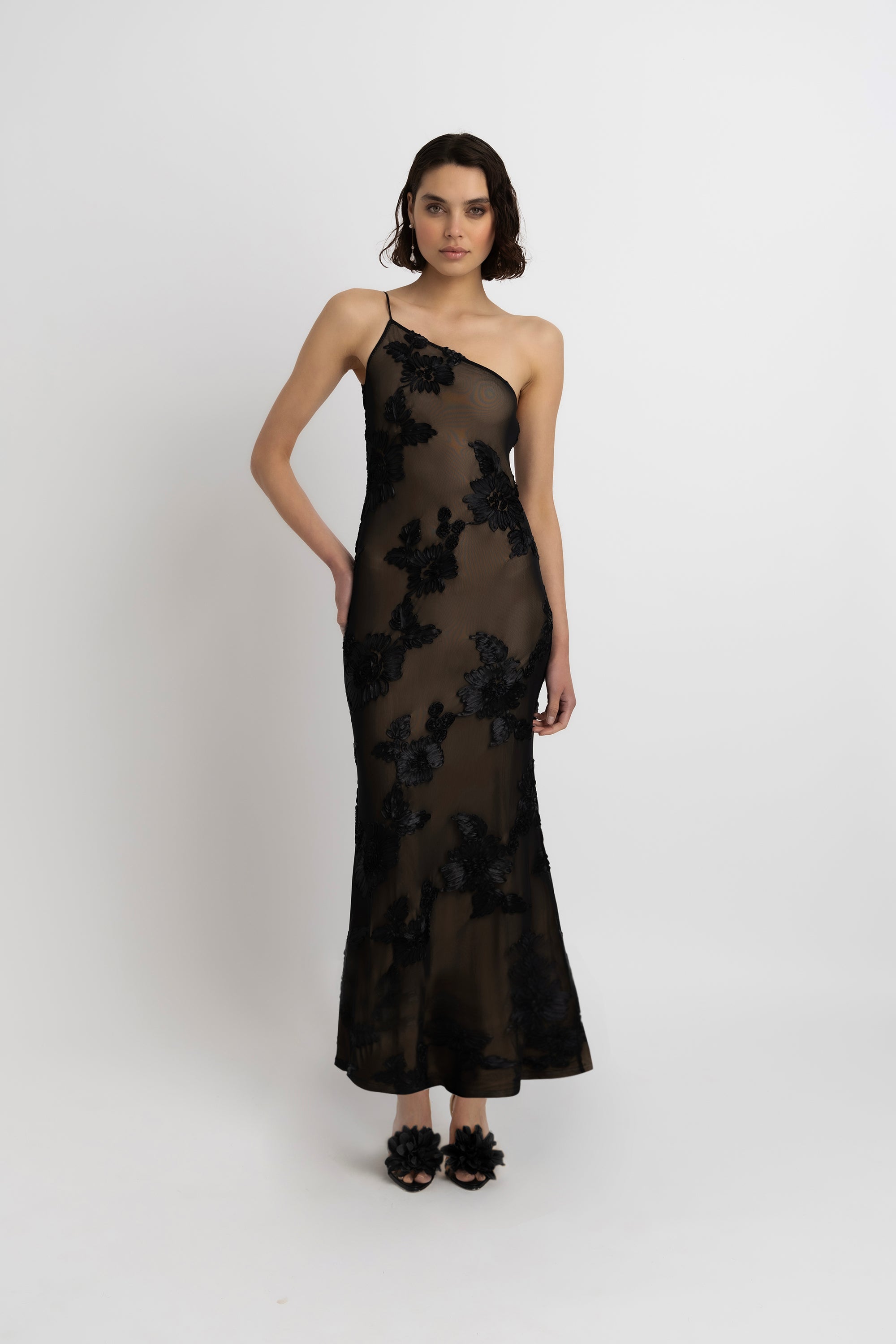 Divya Black 3D Floral Motif Maxi Dress