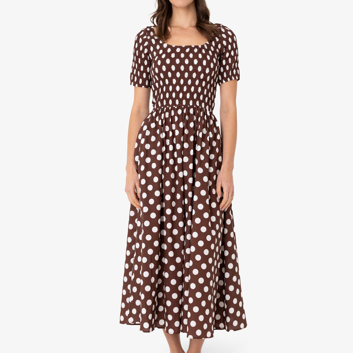 polka dot midi dress uk Matilda Pure Cotton Brown Polka Dot Midi Dress