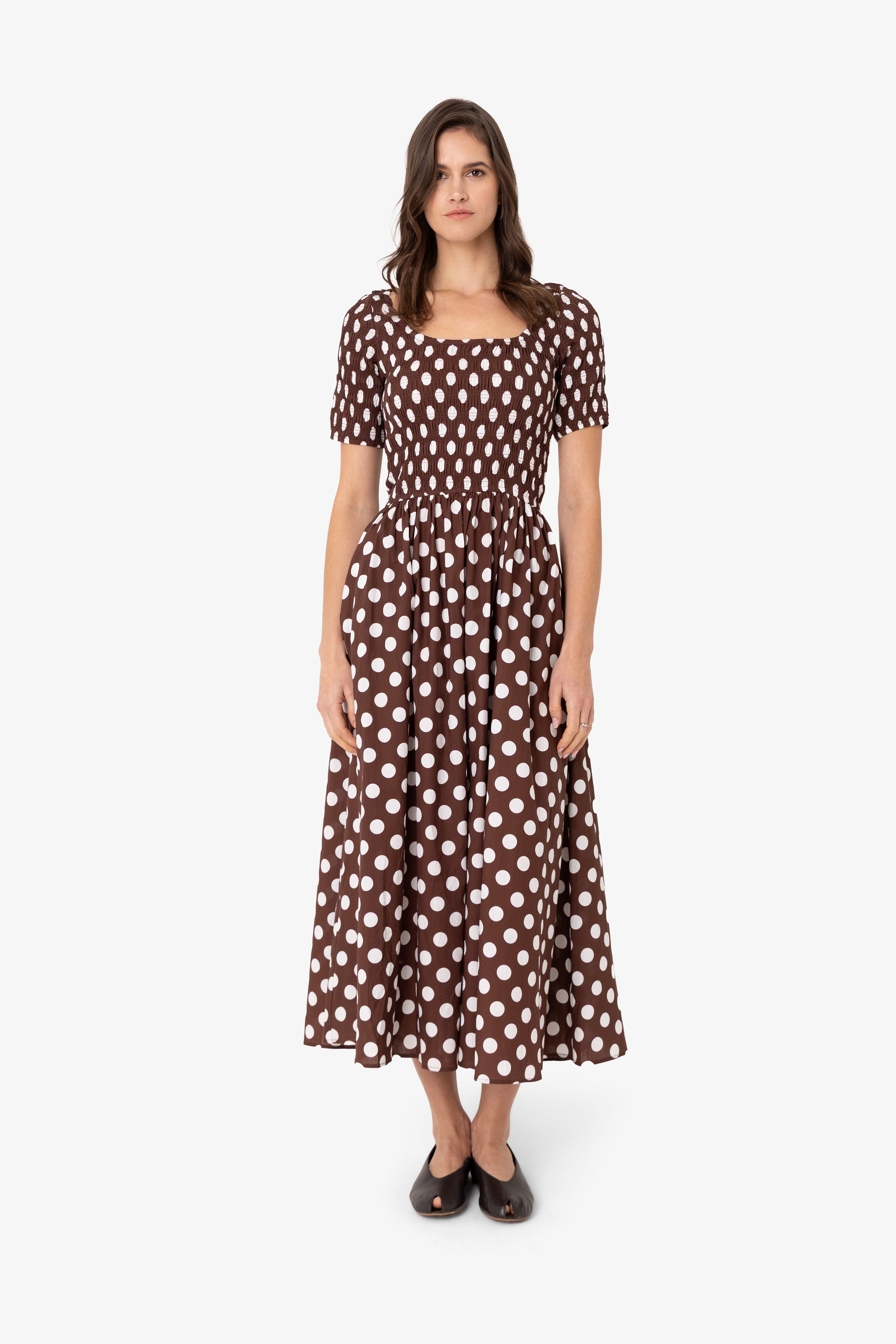 Matilda Pure Cotton Brown Polka Dot Midi Dress
