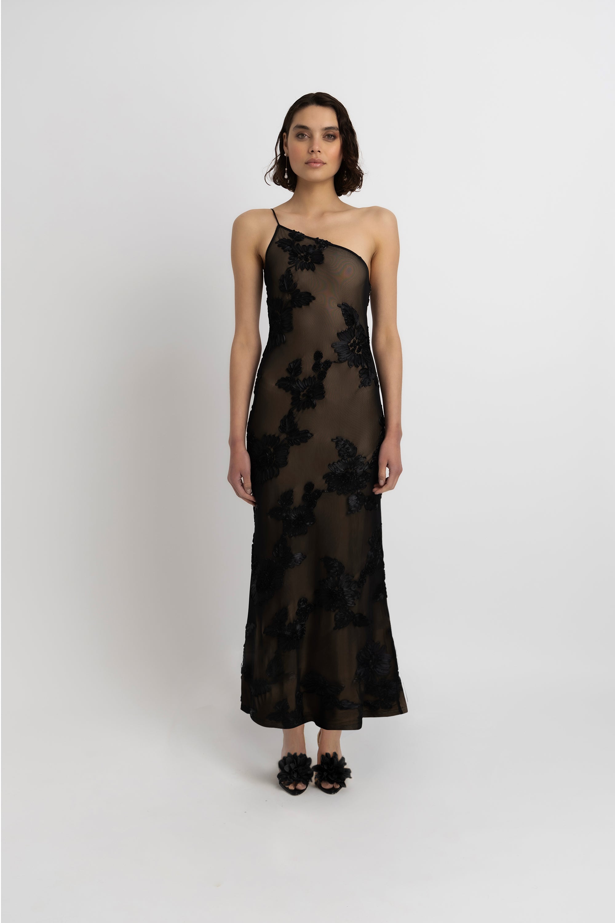 Divya Black 3D Floral Motif Maxi Dress