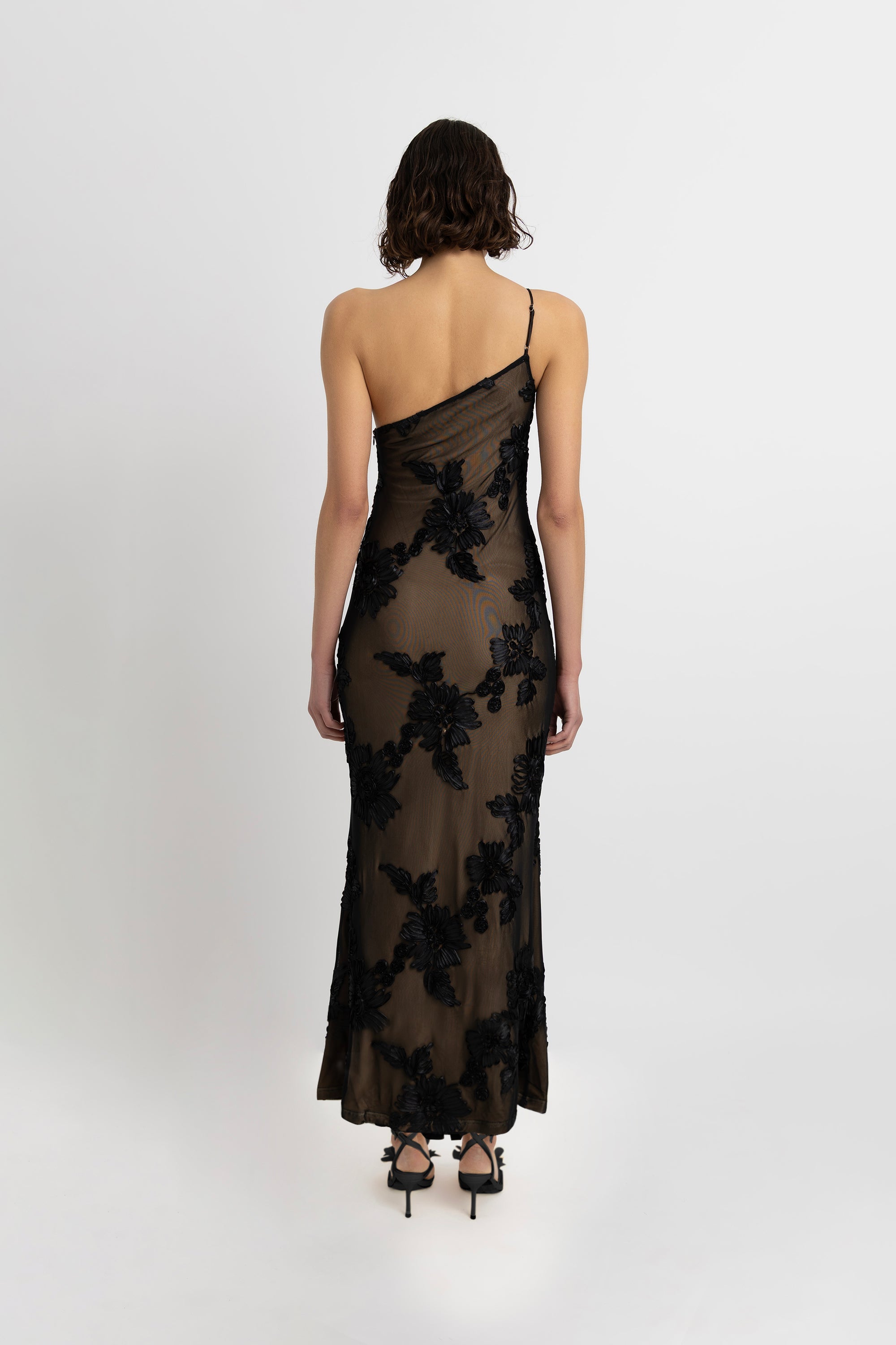 Divya Black 3D Floral Motif Maxi Dress