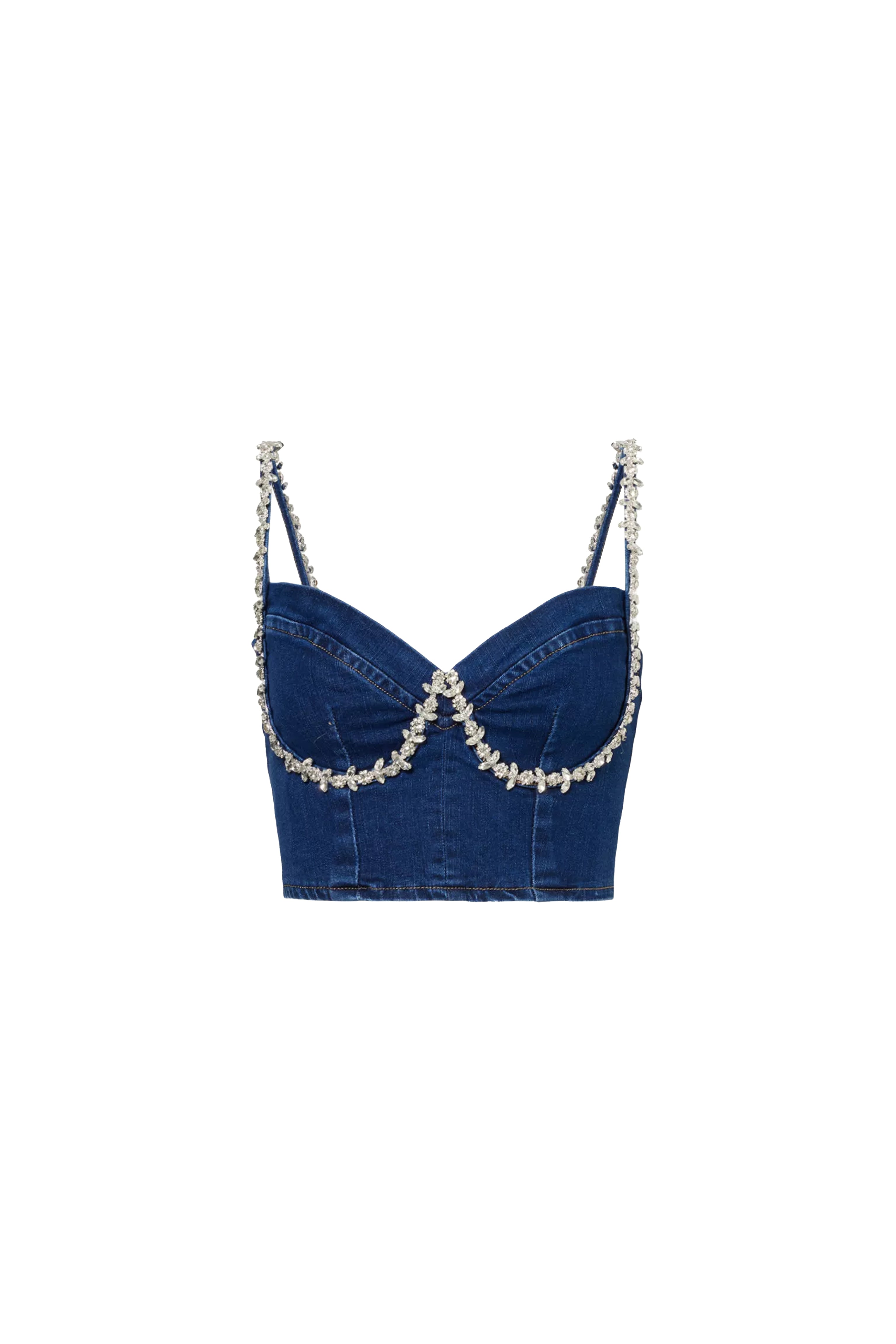 Raye Cropped Stretch Rhinestone Embellished Denim Top | AMYLYNN