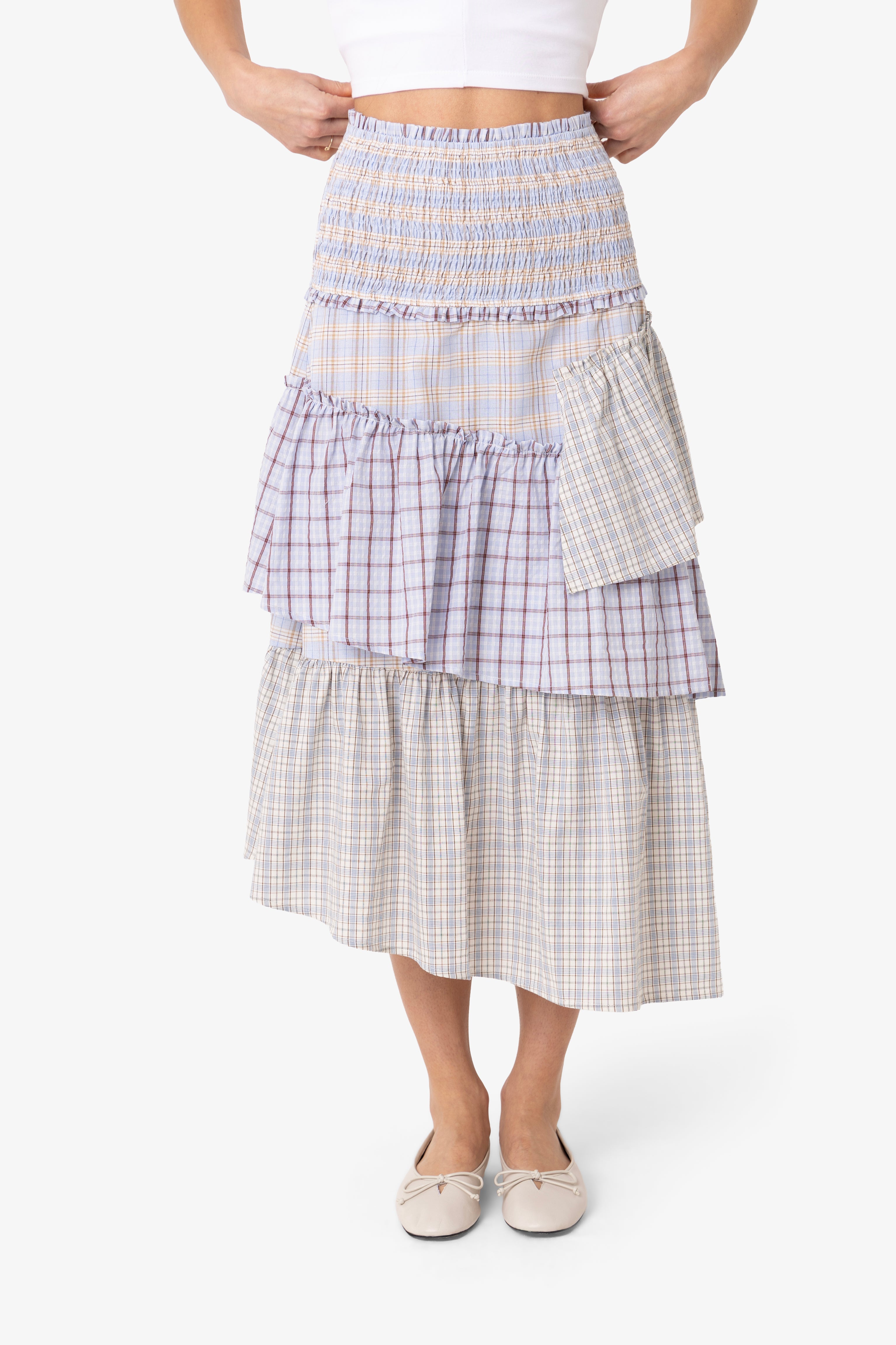 Thea Multi Check Smocked Tiered Skirt