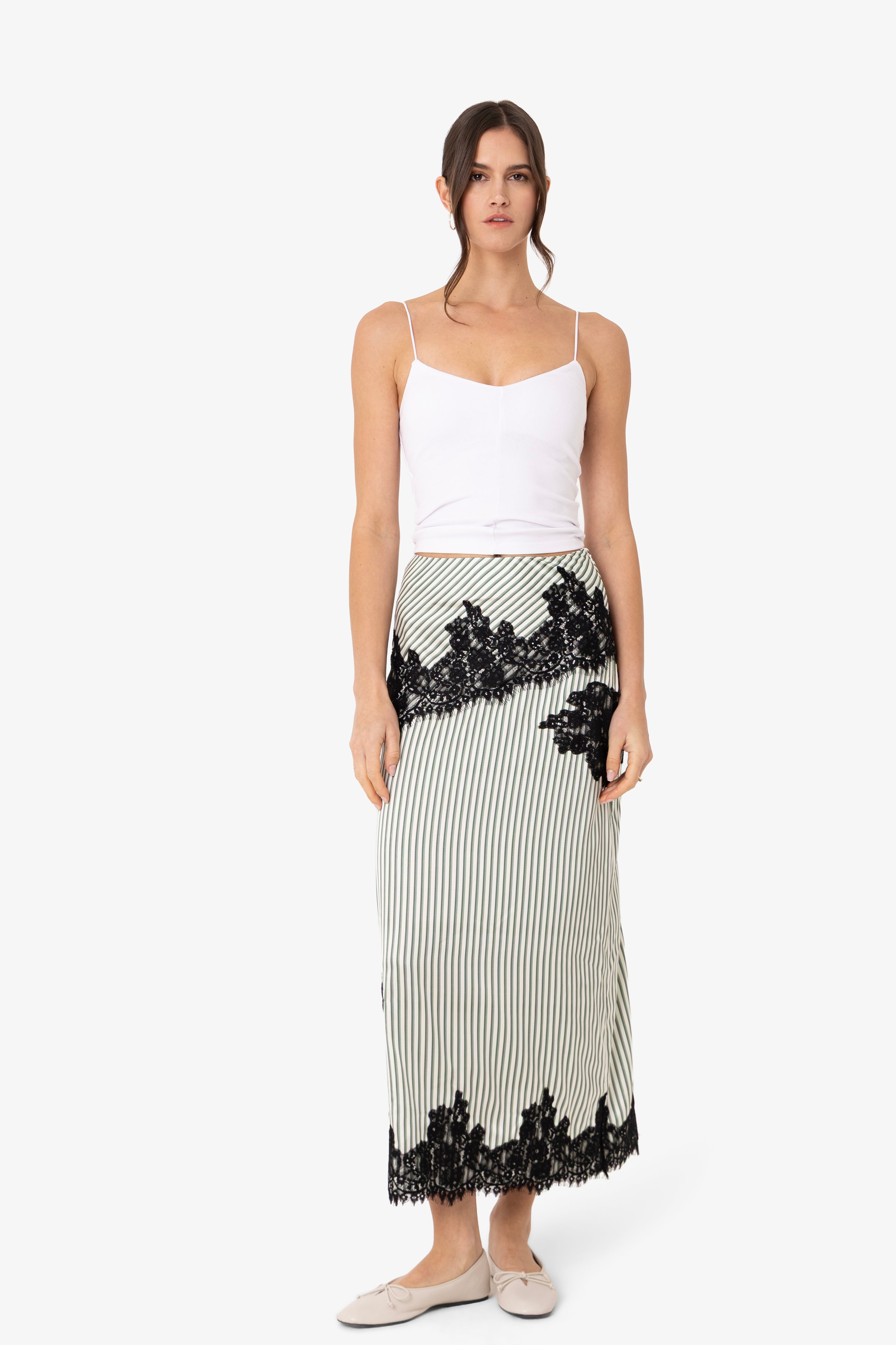 Verona Green Stripe Satin Lace Midi Skirt