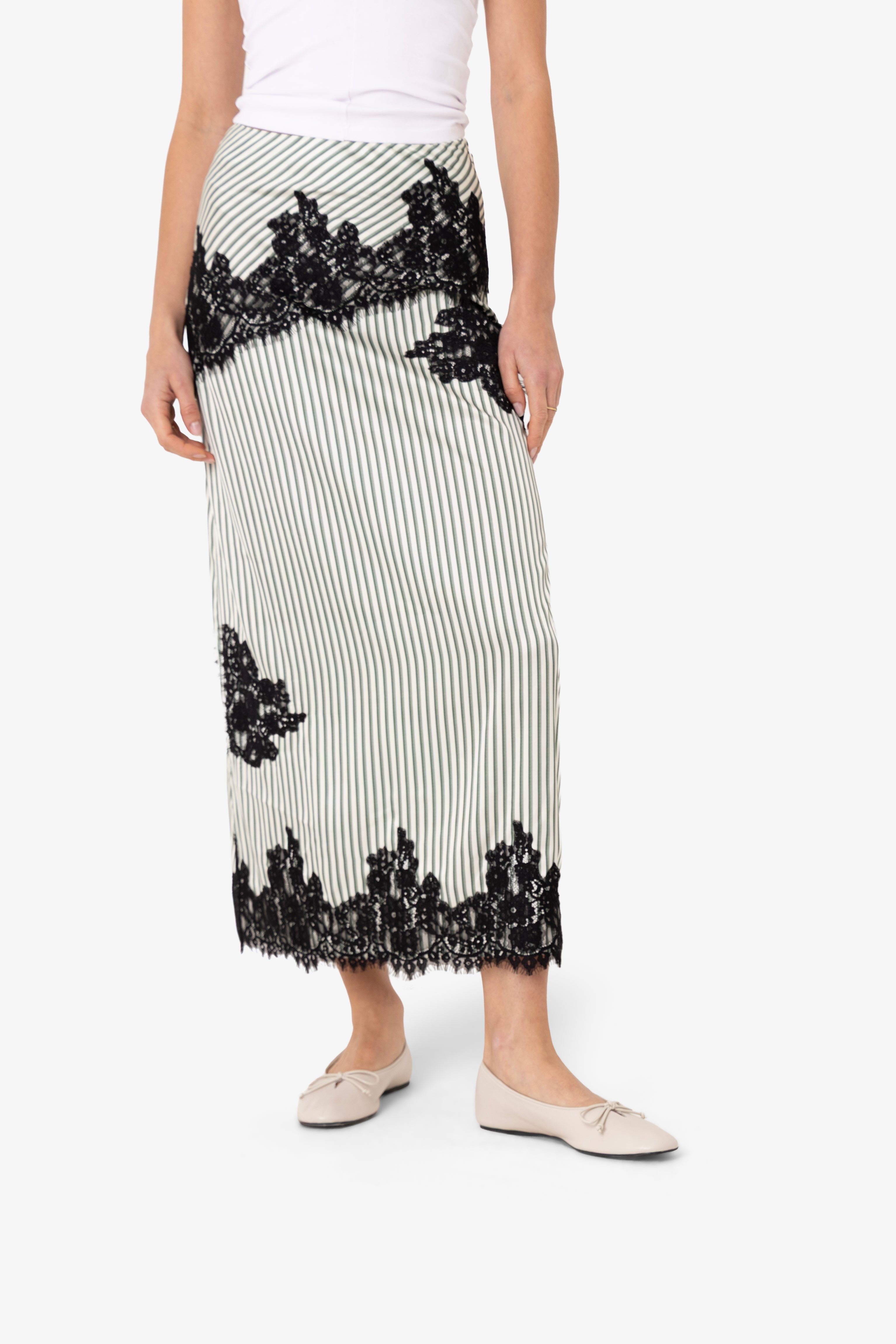 Verona Green Stripe Satin Lace Midi Skirt