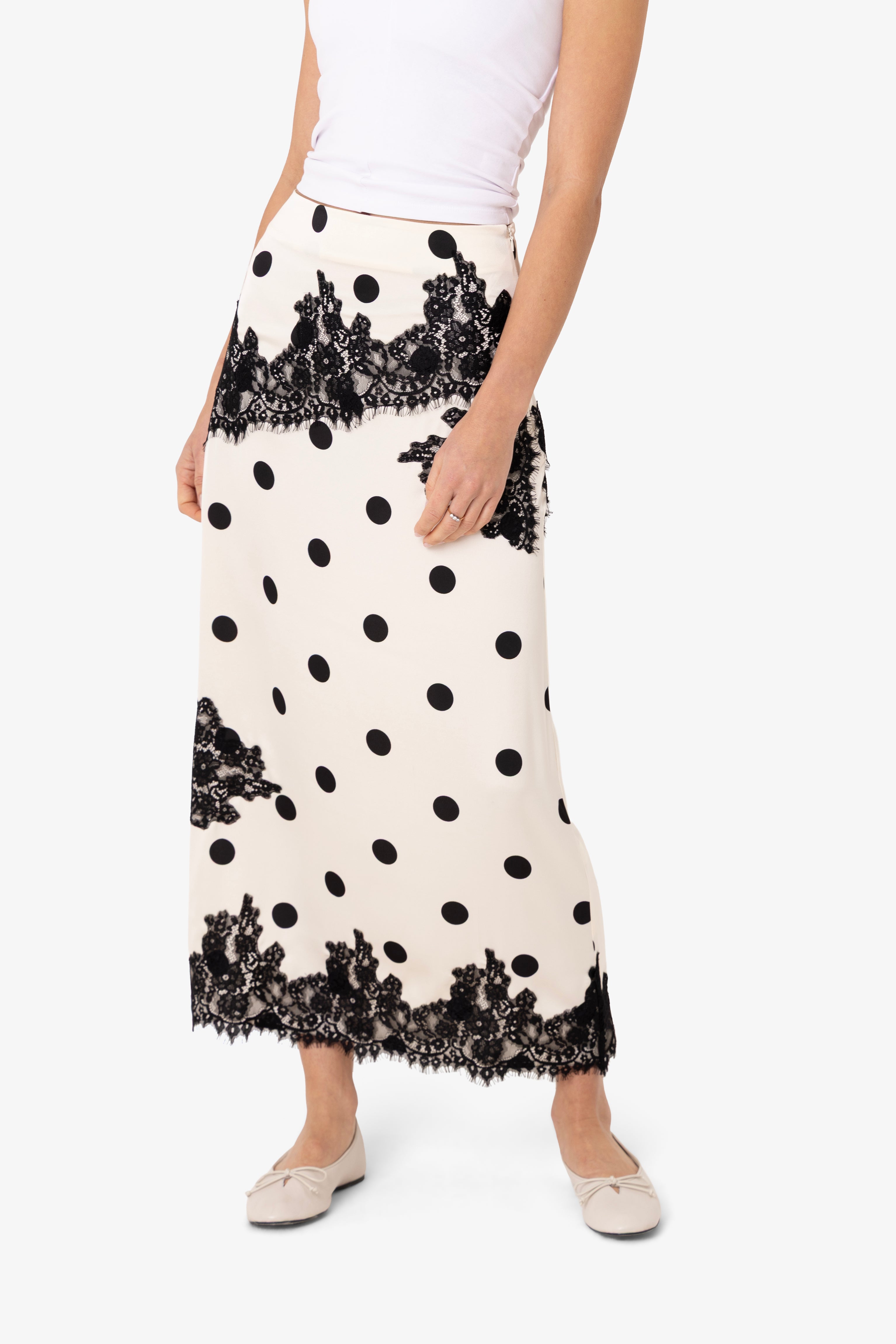 Verona Polka Dot Satin Midi Skirt | AMYLYNN