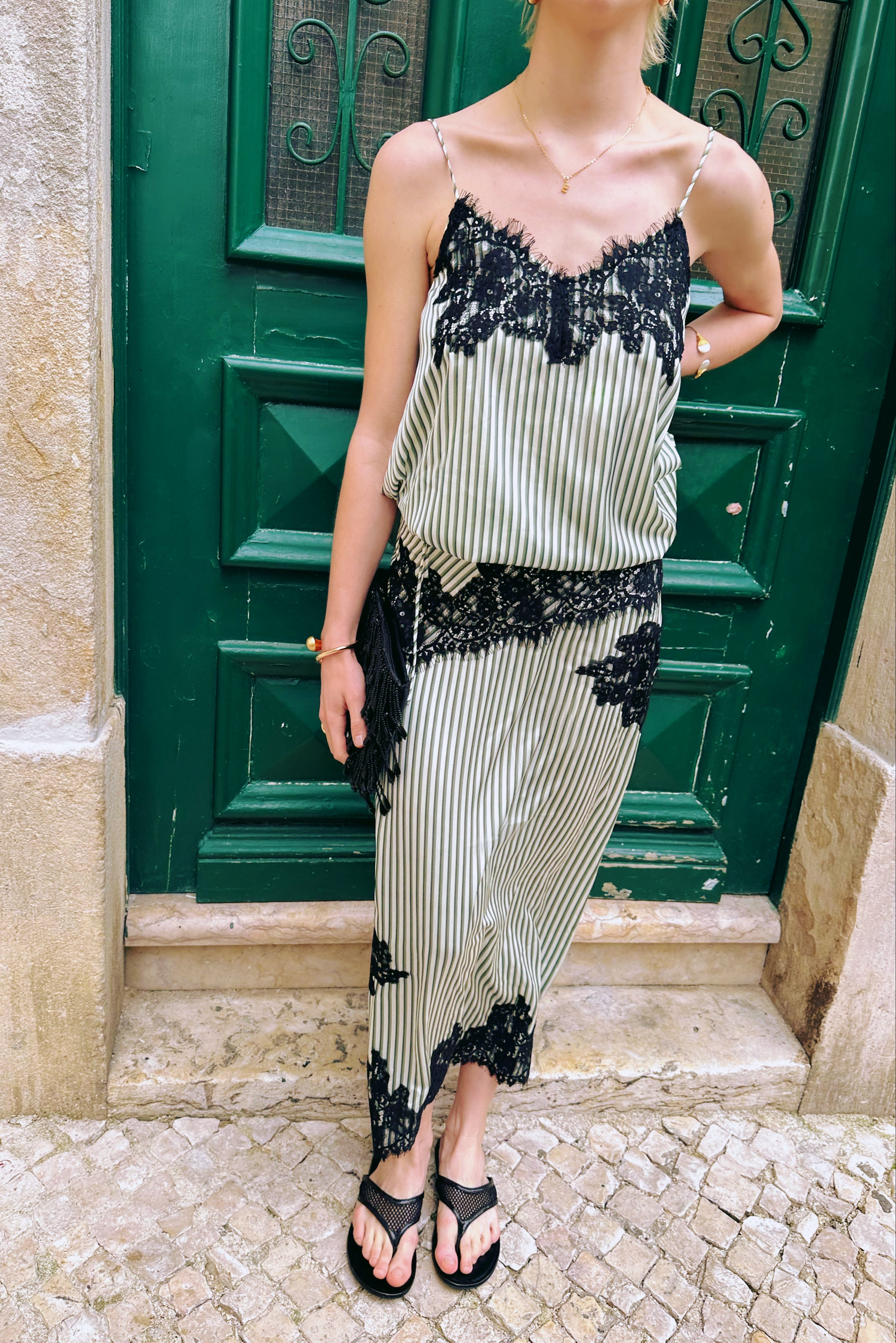 Verona Green Stripe Satin Lace Midi Skirt