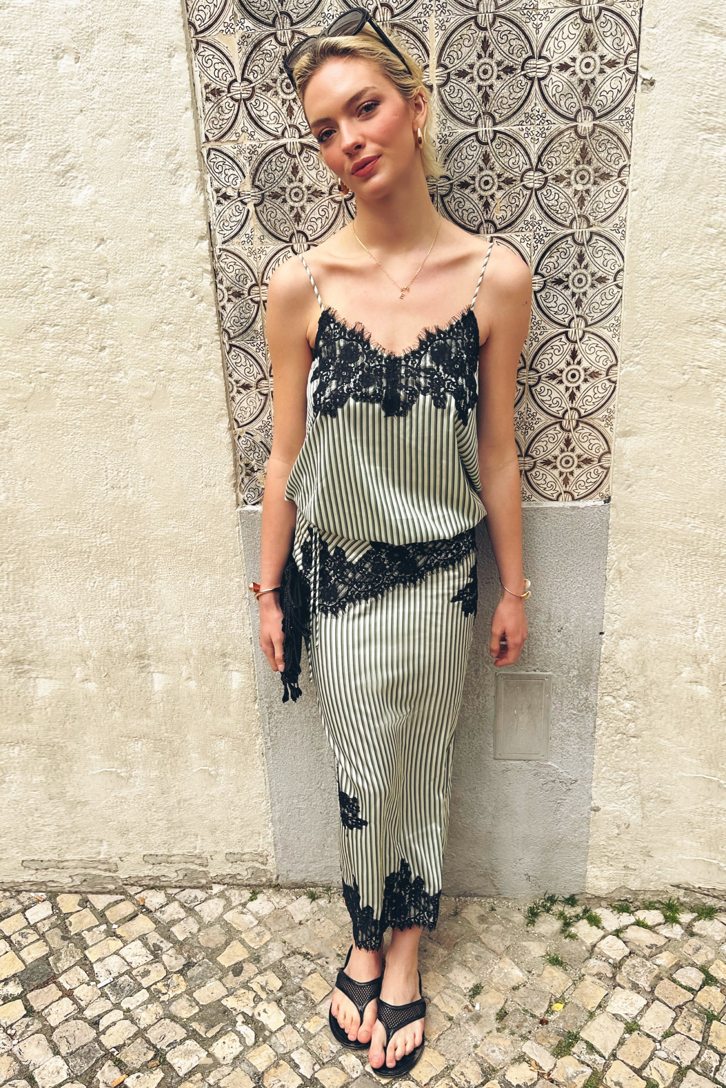 Verona Green Stripe Satin Lace Midi Skirt