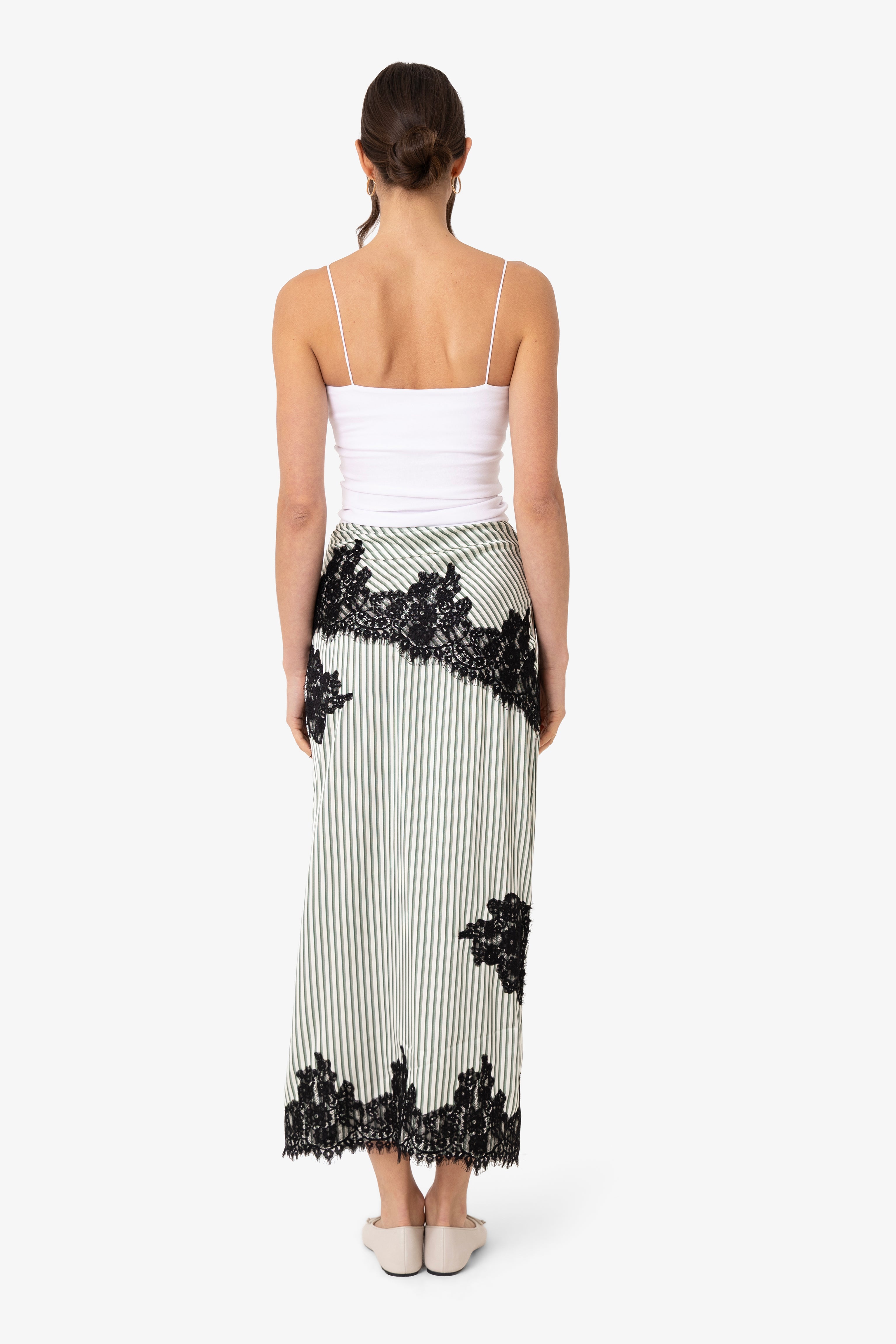 Verona Green Stripe Satin Lace Midi Skirt