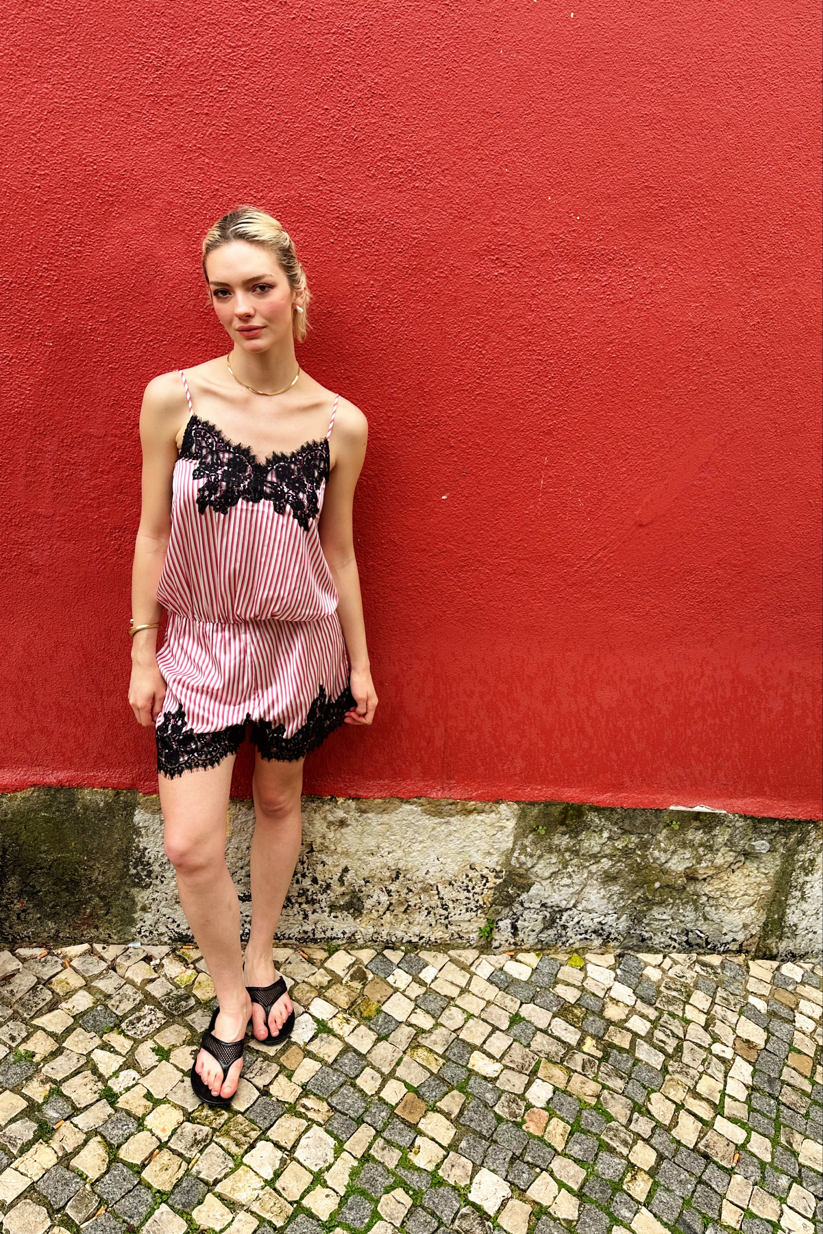 Palma Pink Satin Lace Playsuit