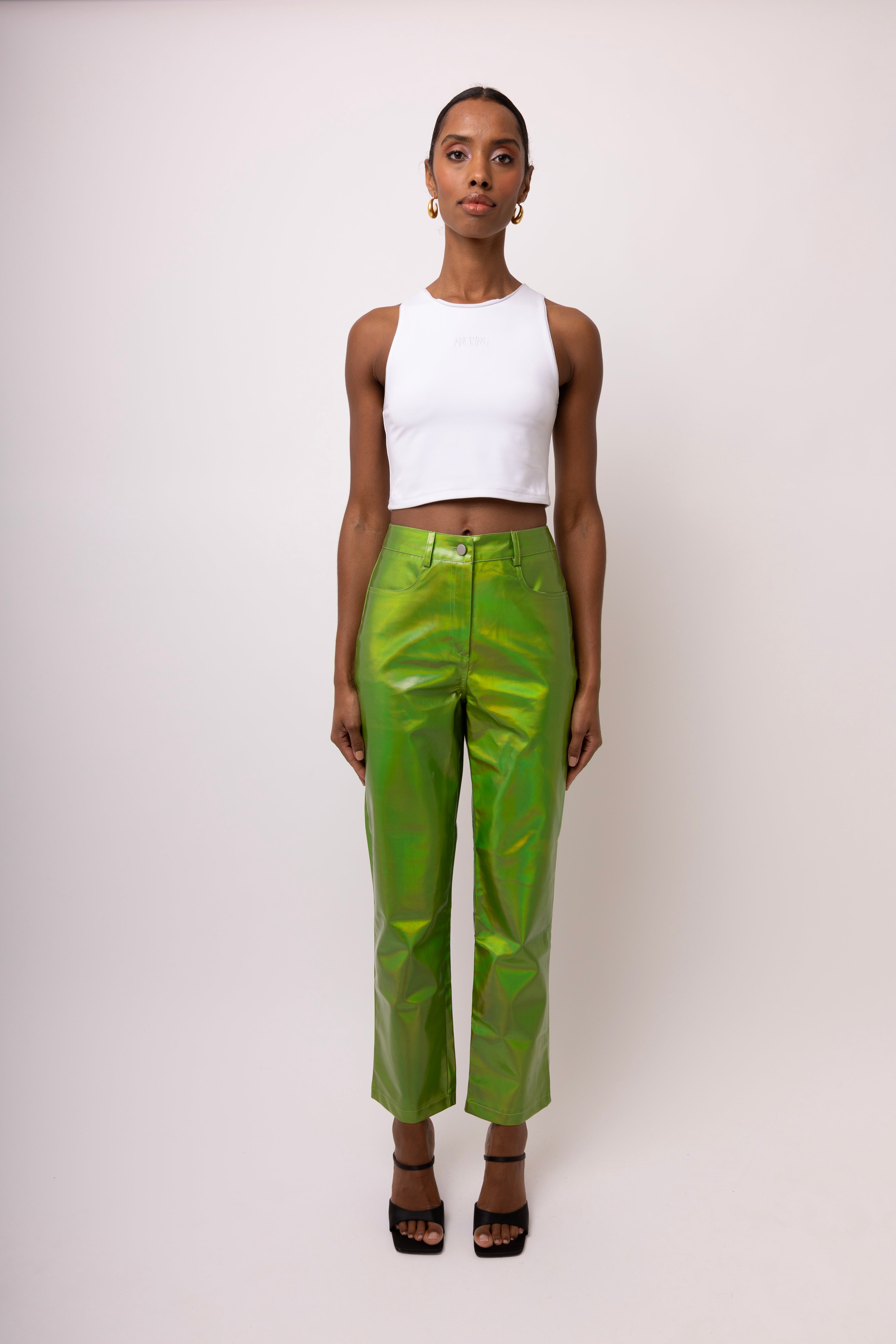 Lupe Green Metallic Straight Leg High Rise Vegan Leather Trousers | AmyLynn 