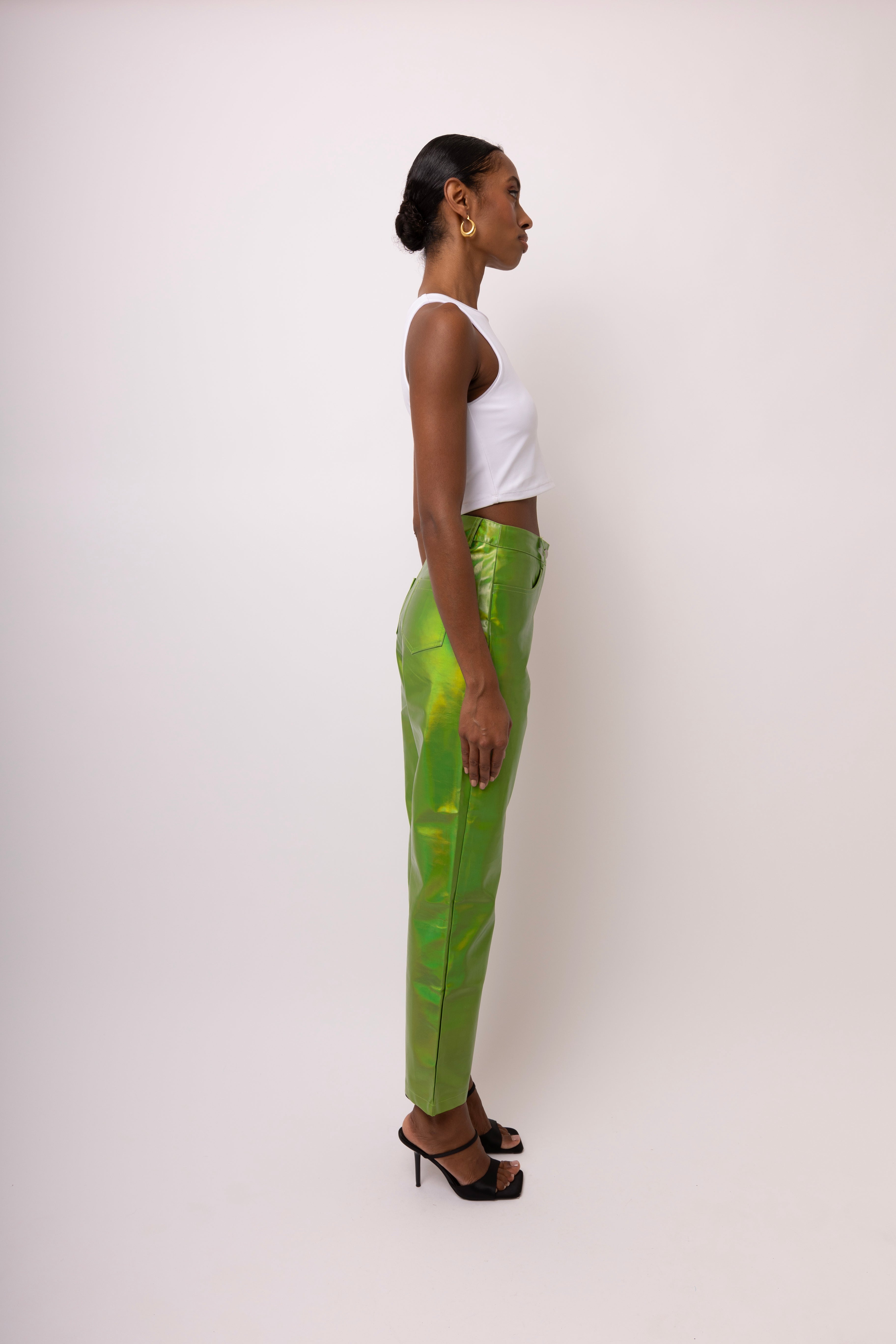 Lupe Green Metallic Straight Leg High Rise Vegan Leather Trousers | AmyLynn 