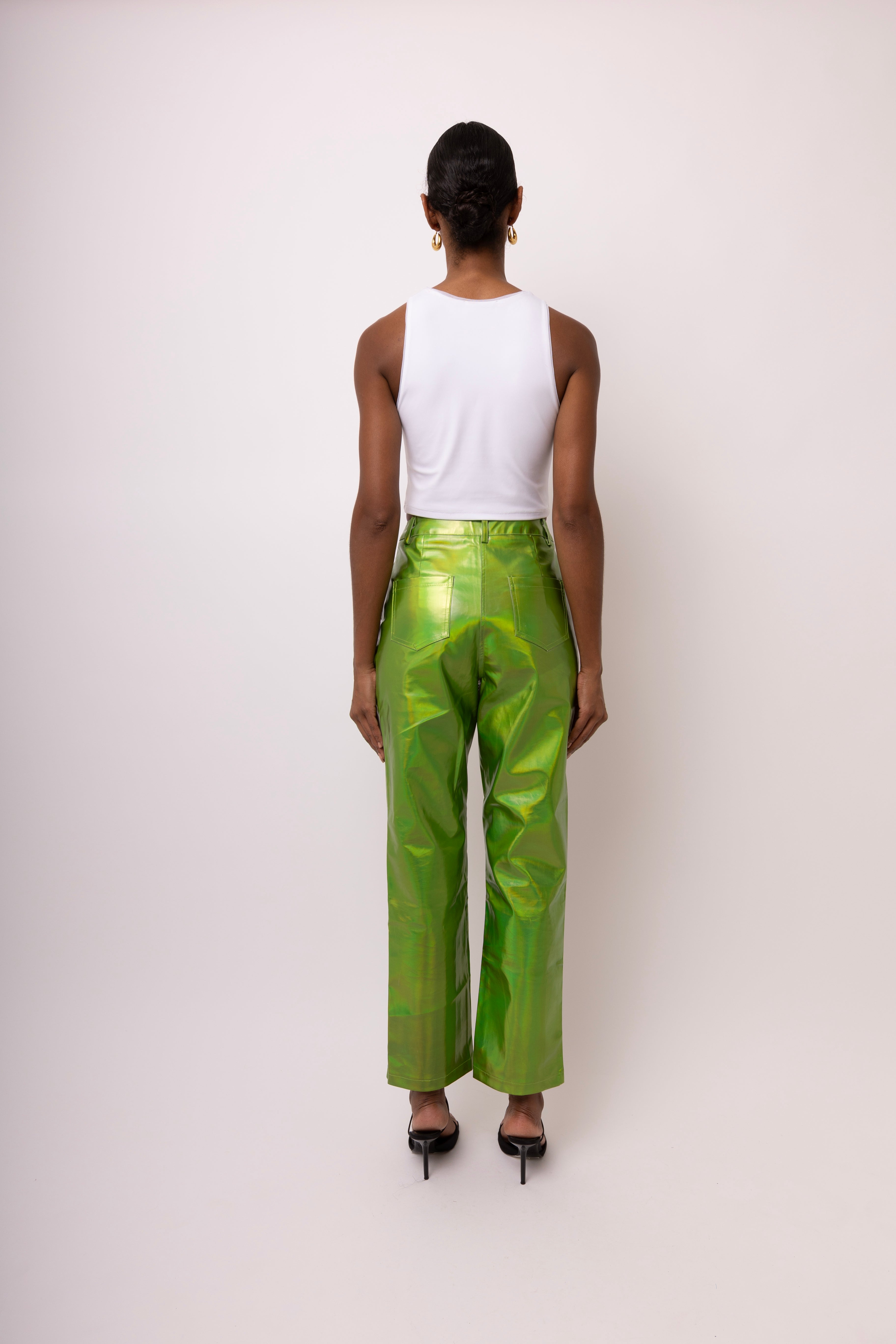 Lupe Green Metallic Straight Leg High Rise Vegan Leather Trousers | AmyLynn 