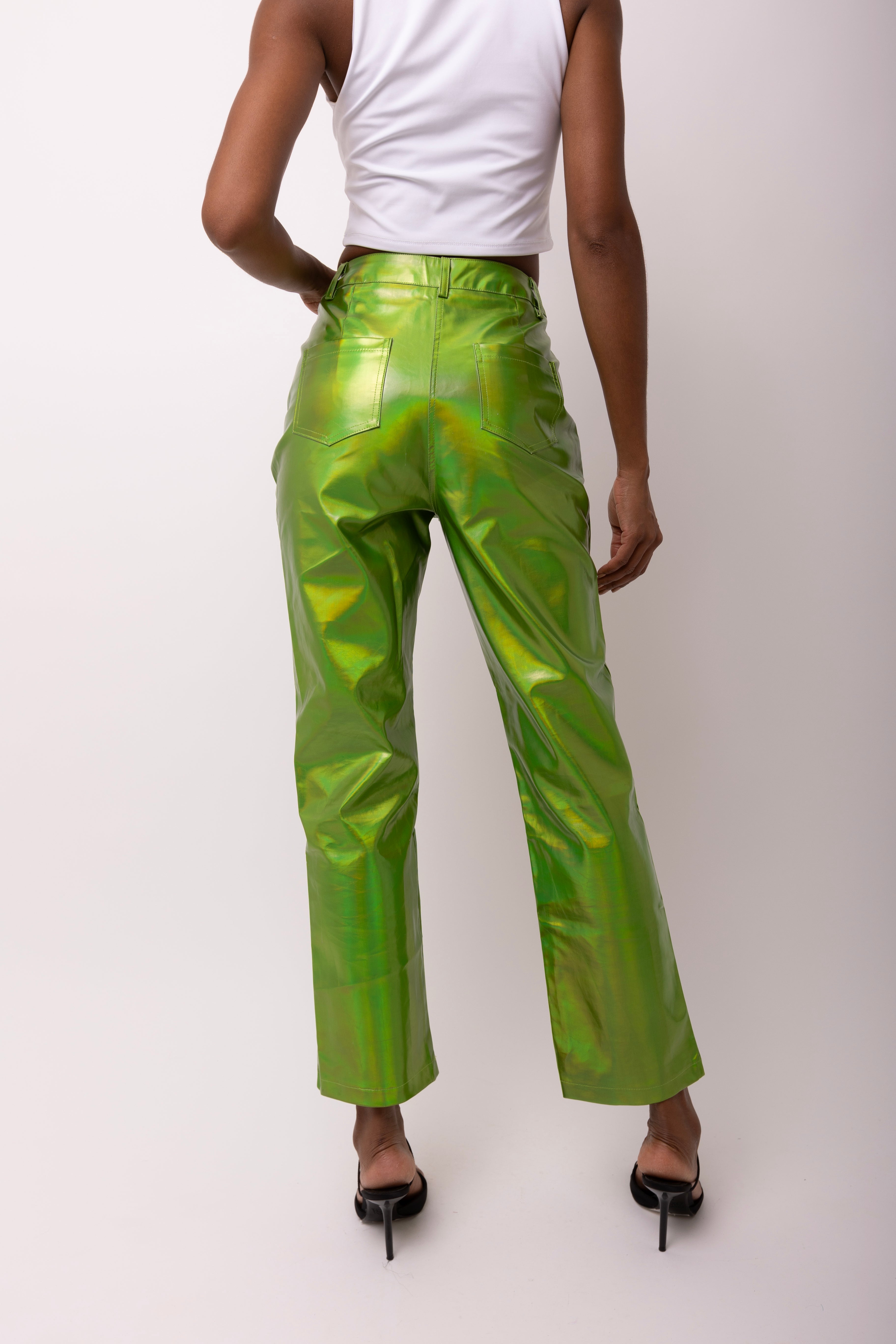 Lupe Green Metallic Straight Leg High Rise Vegan Leather Trousers | AmyLynn 