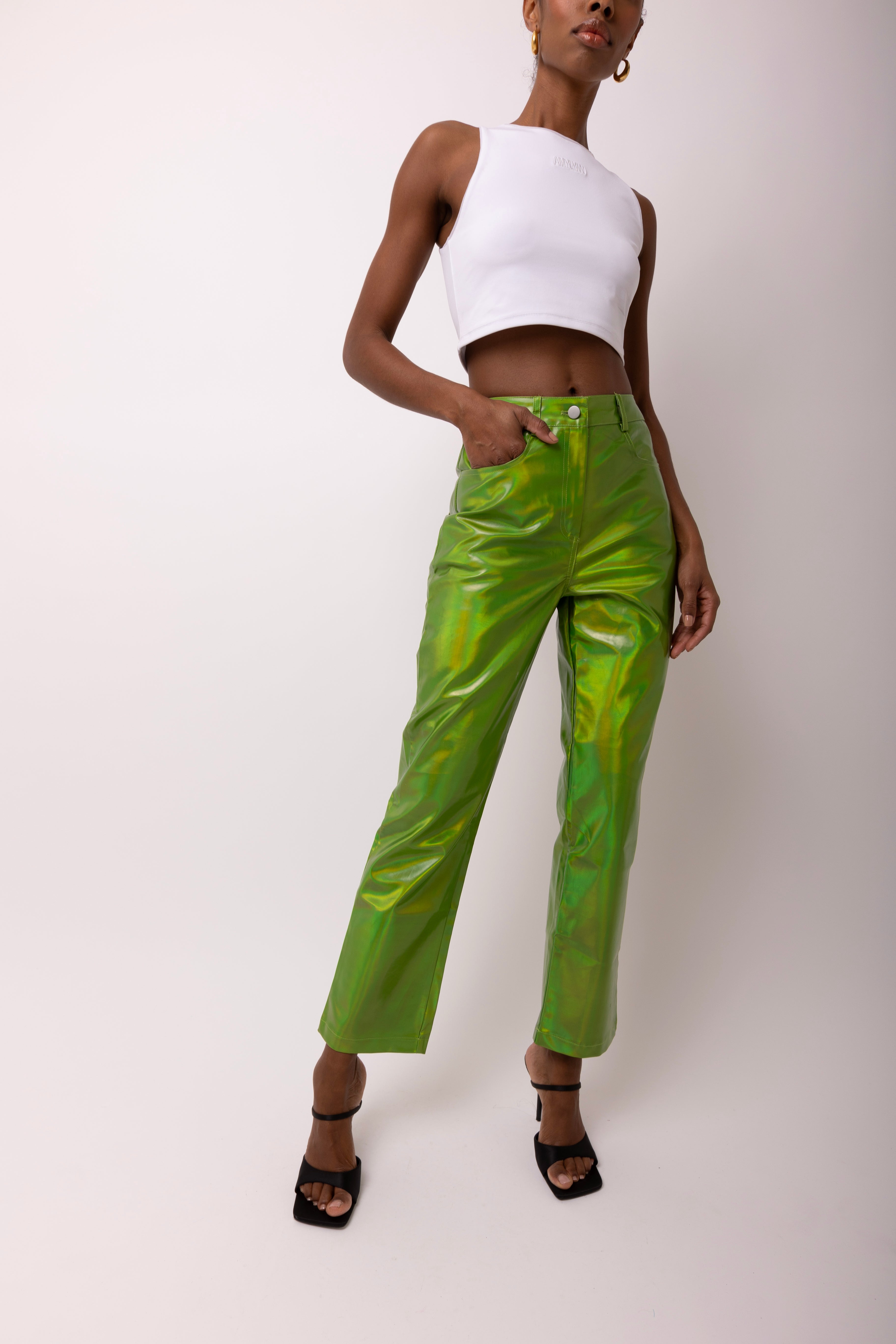 Lupe Green Metallic Straight Leg High Rise Vegan Leather Trousers | AmyLynn 