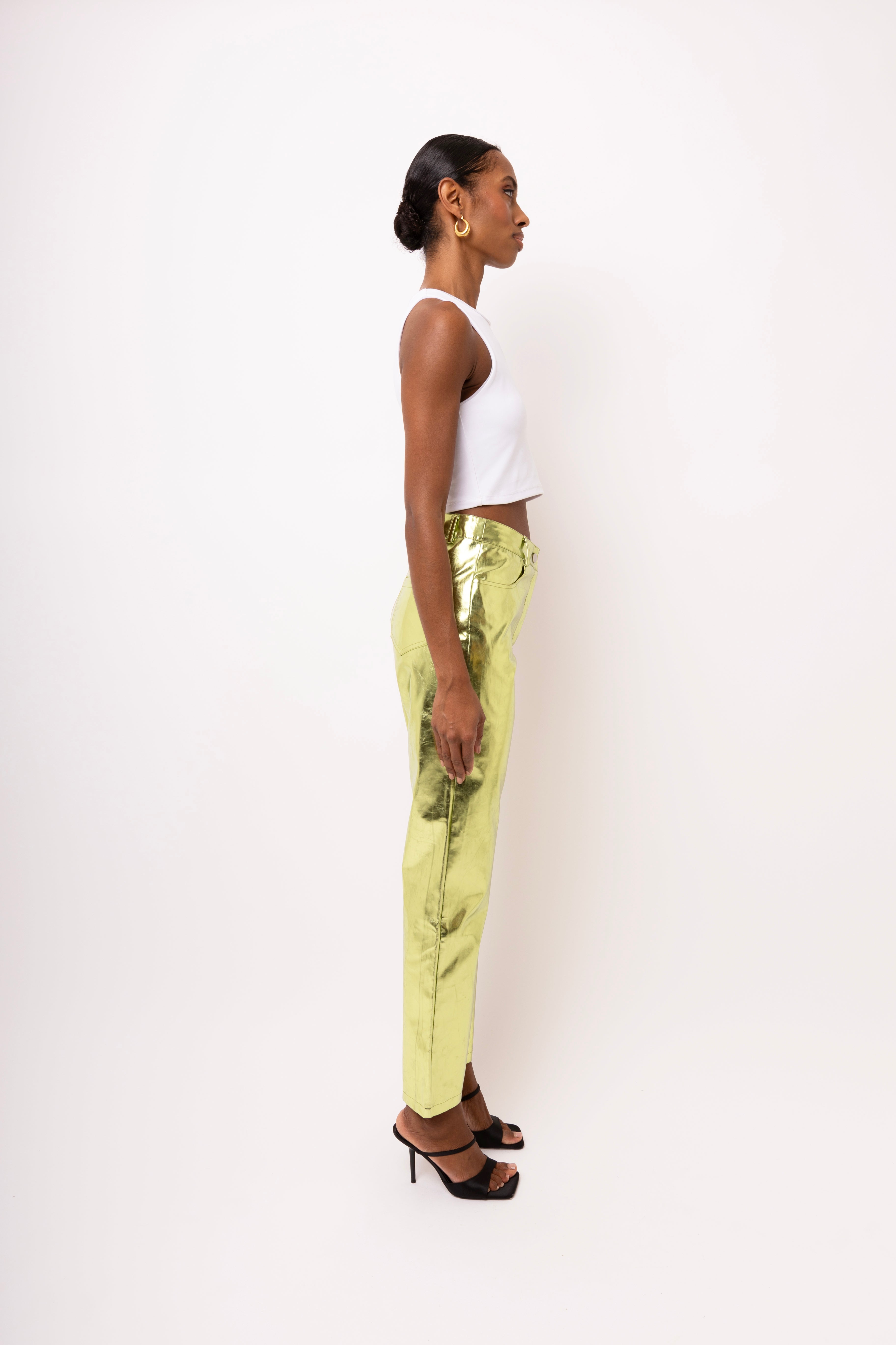 Lupe Mint Green Metallic Straight Leg High Rise Vegan Leather Trousers | AmyLynn 
