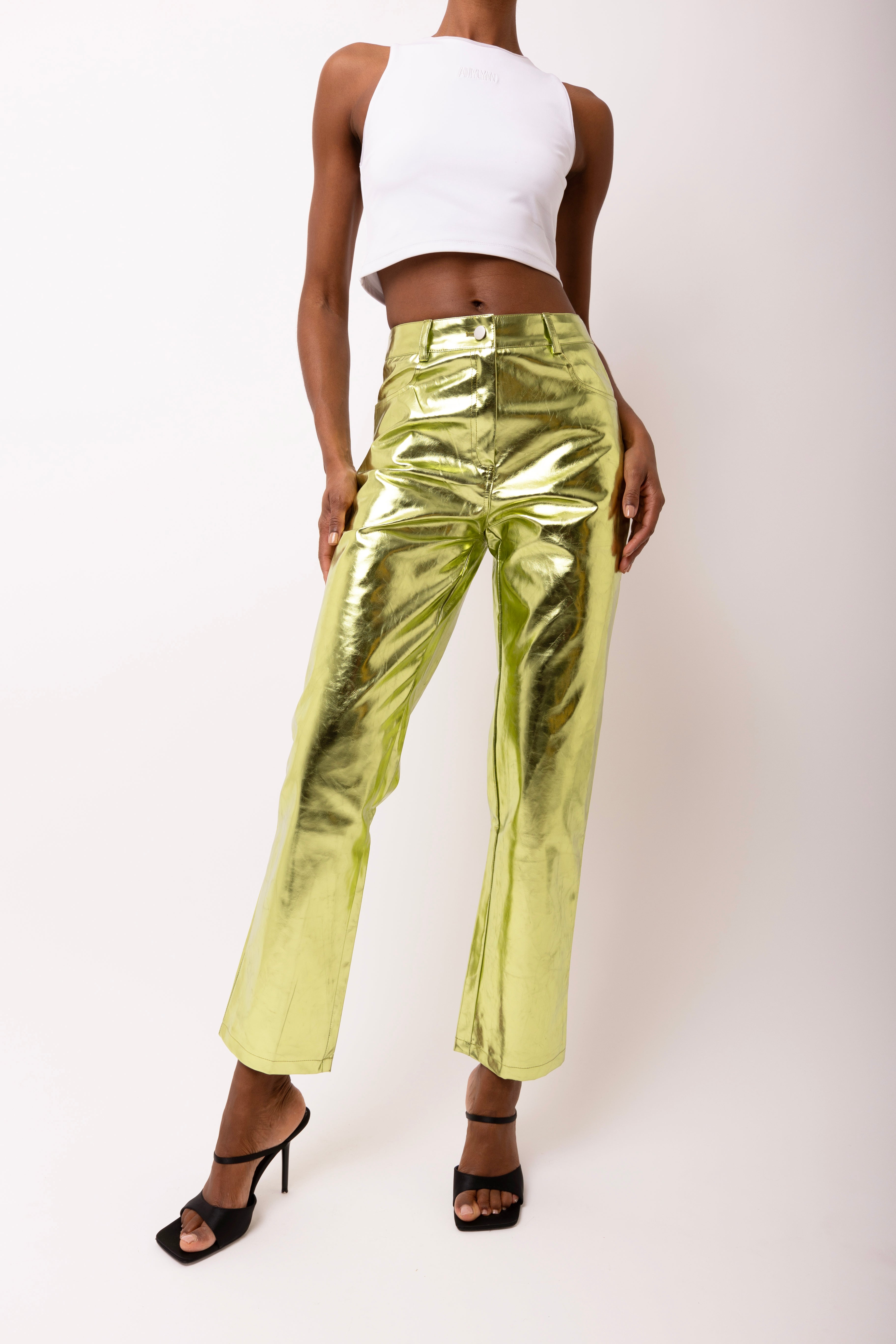 Lupe Mint Green Metallic Straight Leg High Rise Vegan Leather Trousers | AmyLynn 