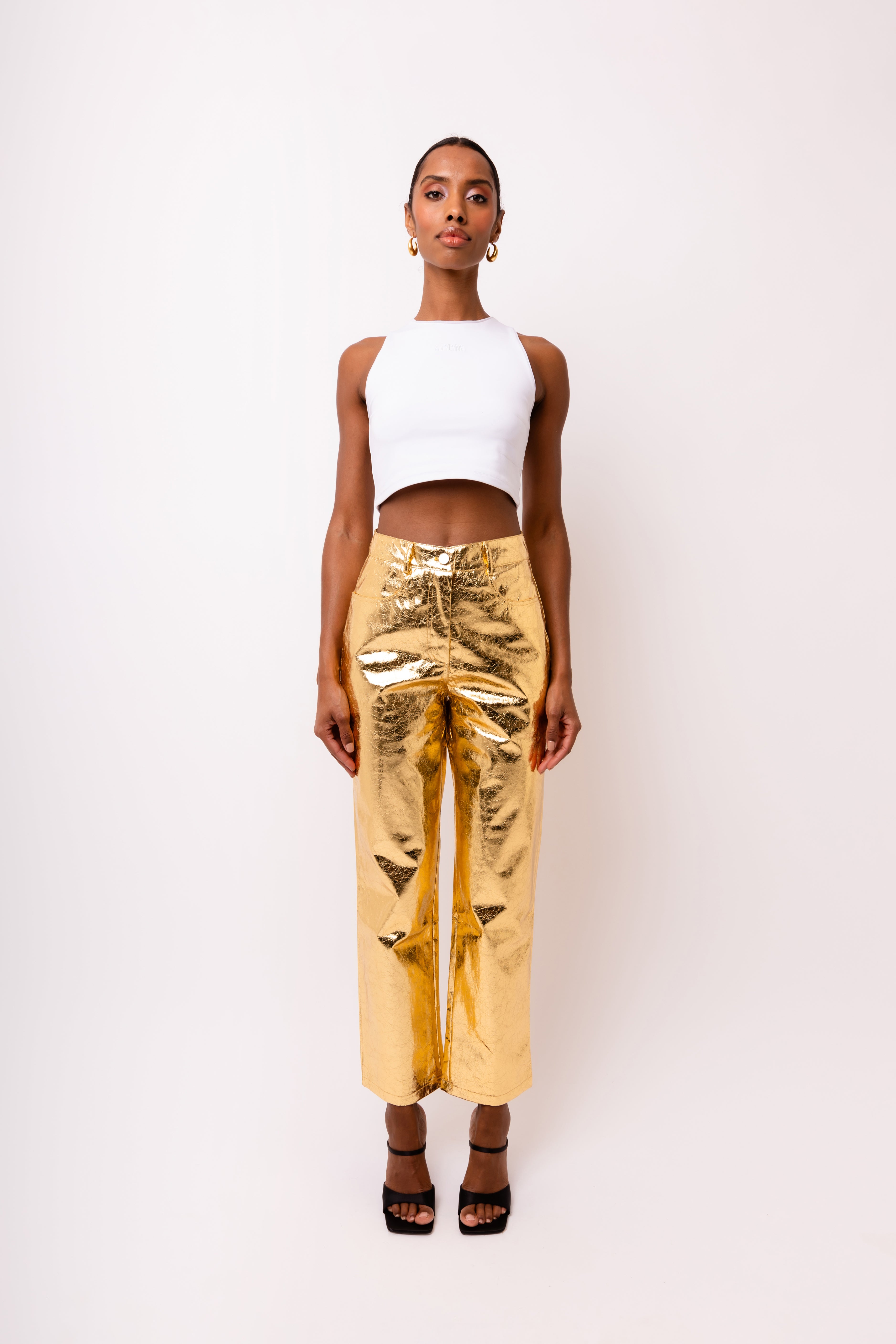 Lupe Gold Metallic Straight Leg High Rise Faux Leather Trousers | AmyLynn 