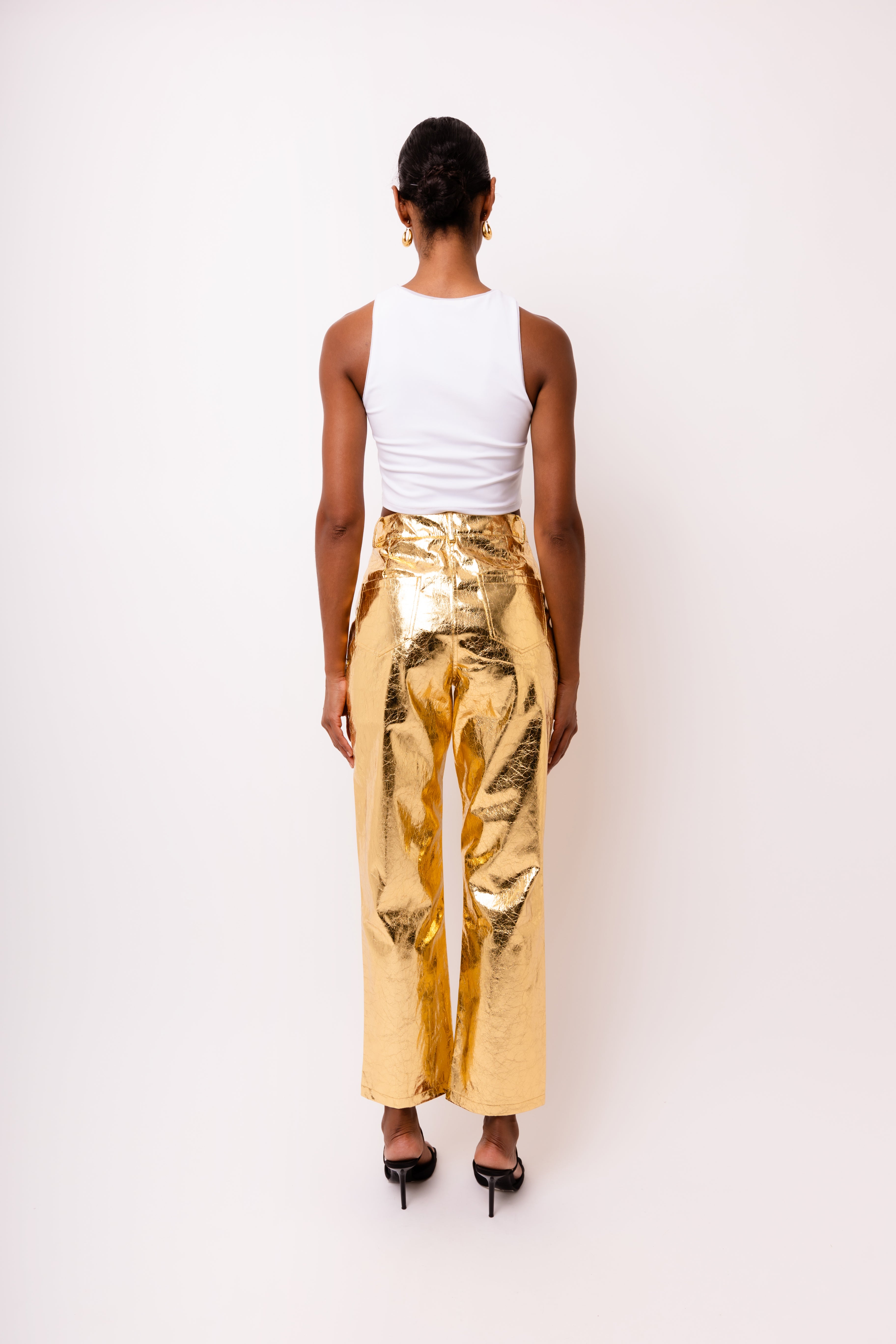 Lupe Gold Metallic Straight Leg High Rise Faux Leather Trousers | AmyLynn 