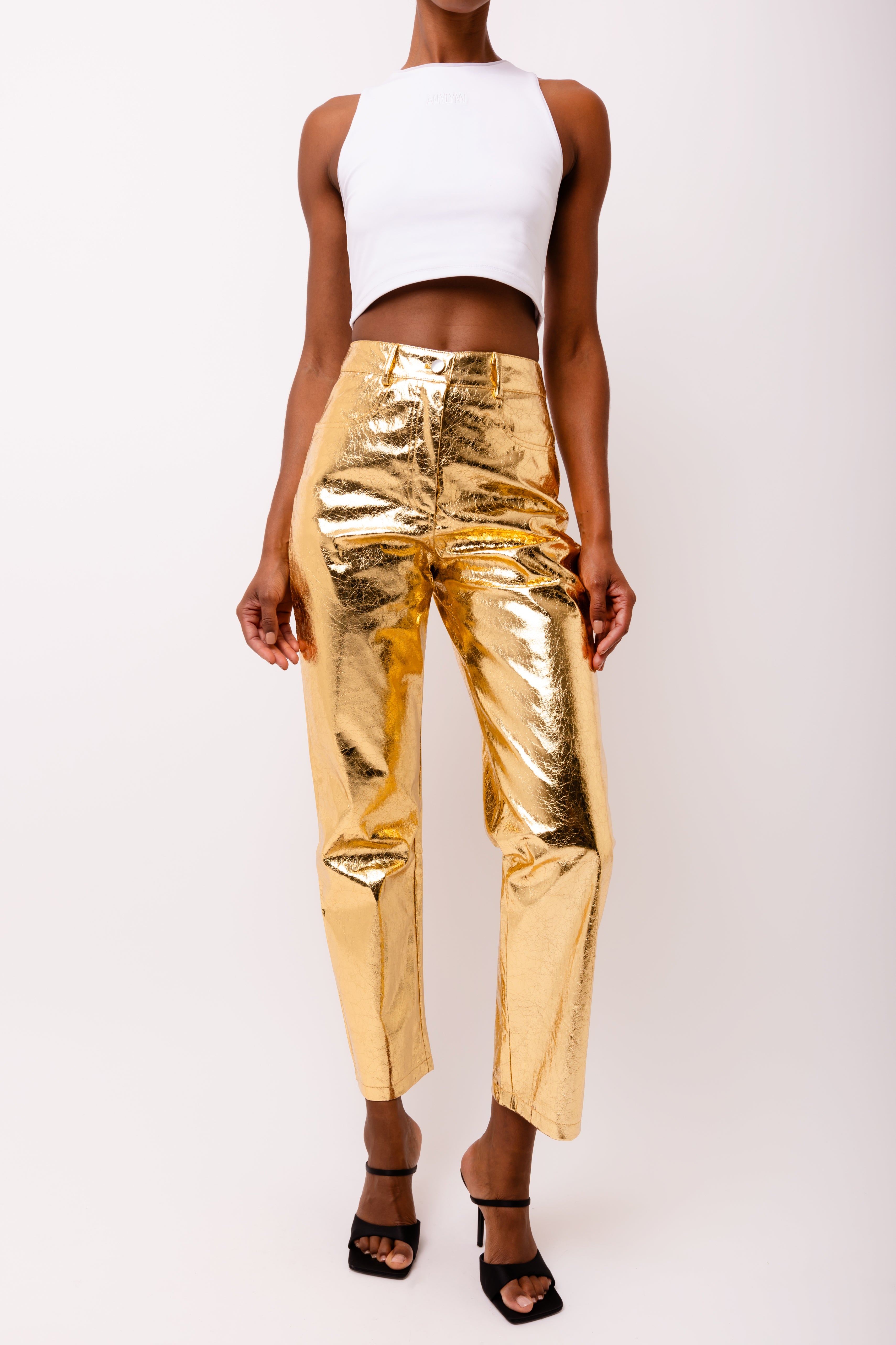 Lupe Gold Metallic Straight Leg High Rise Faux Leather Trousers | AmyLynn 