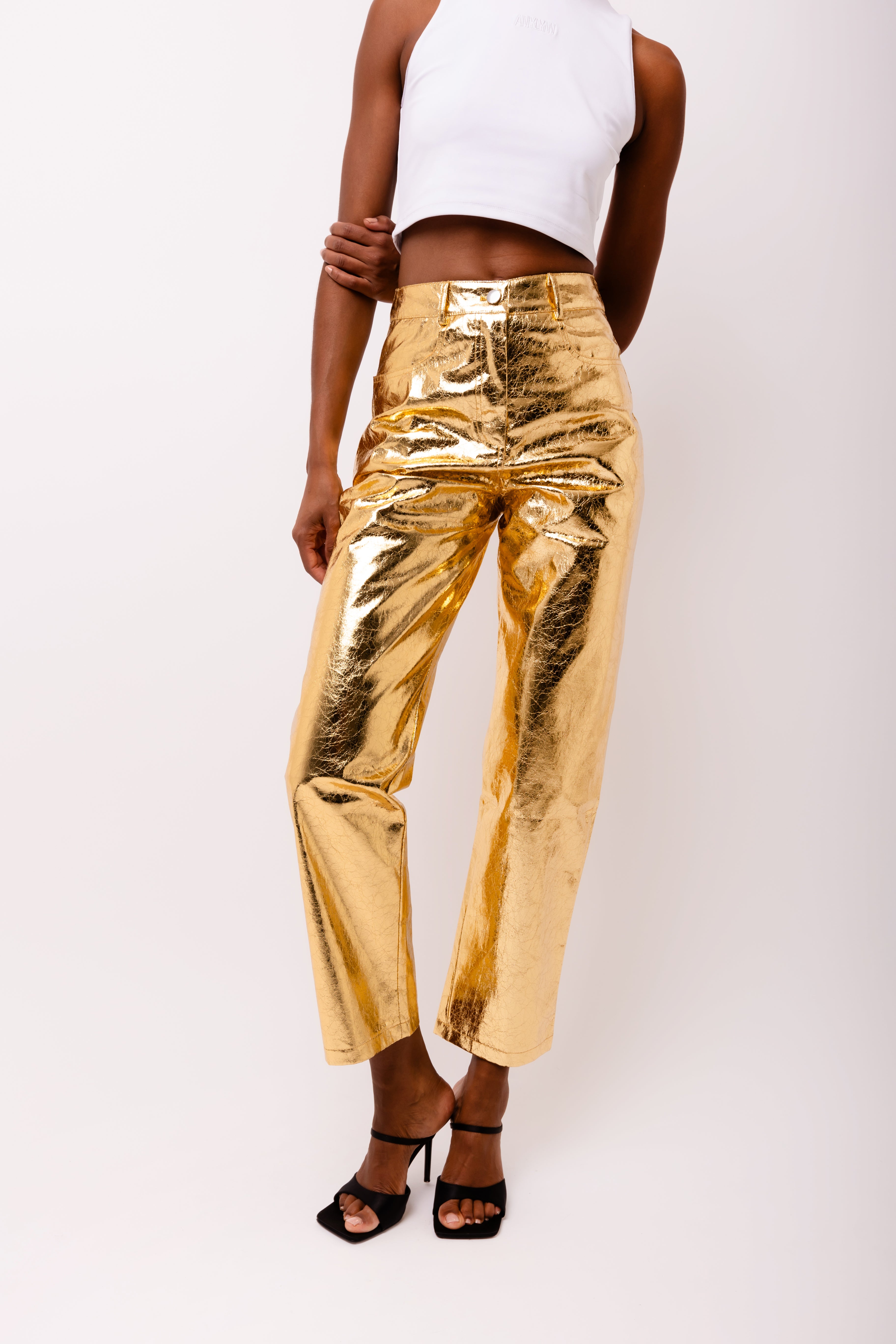 Lupe Gold Metallic Straight Leg High Rise Faux Leather Trousers | AmyLynn 