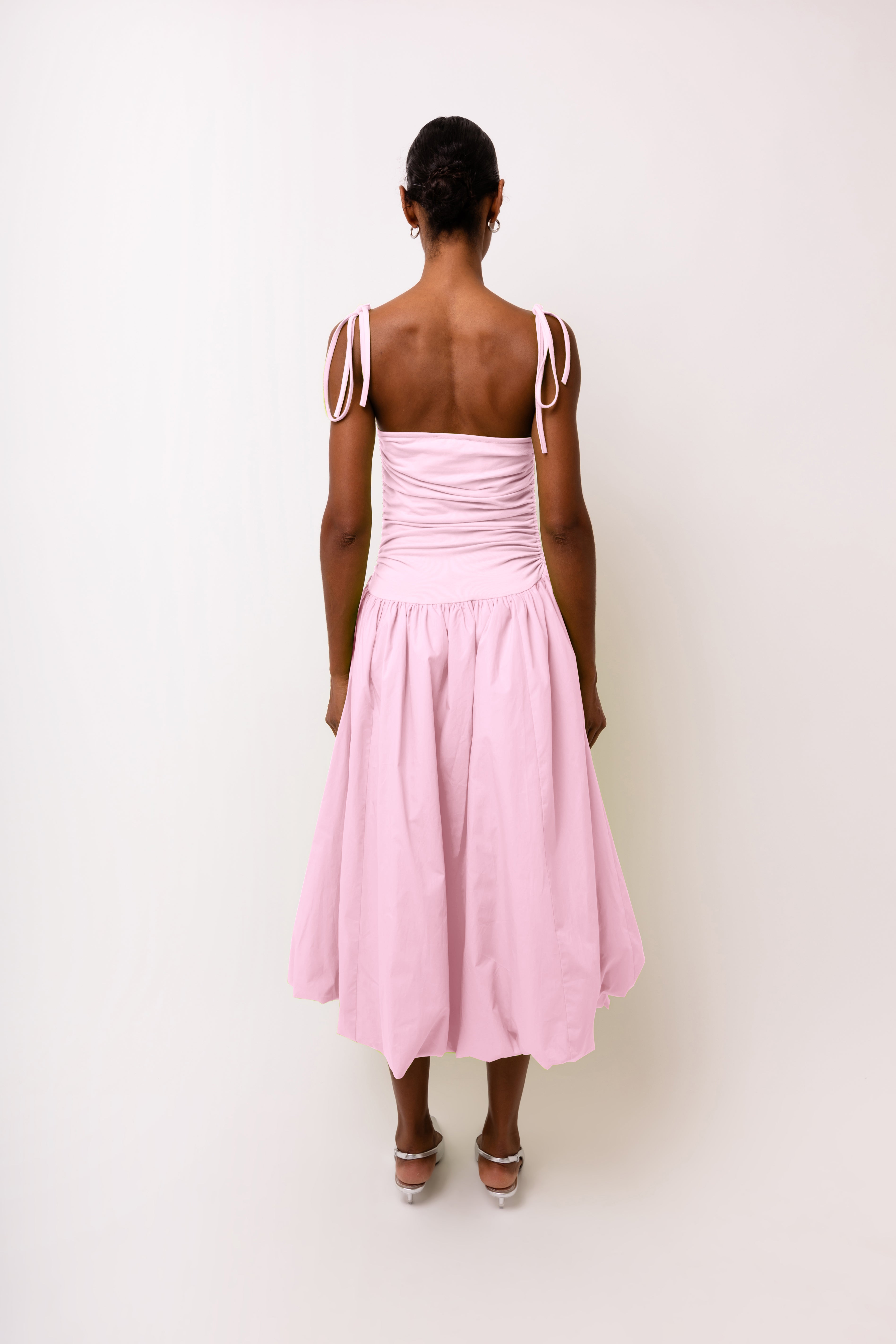 Alexa Light Pink Puffball Cotton Stretch Midi Dress | AmyLynn