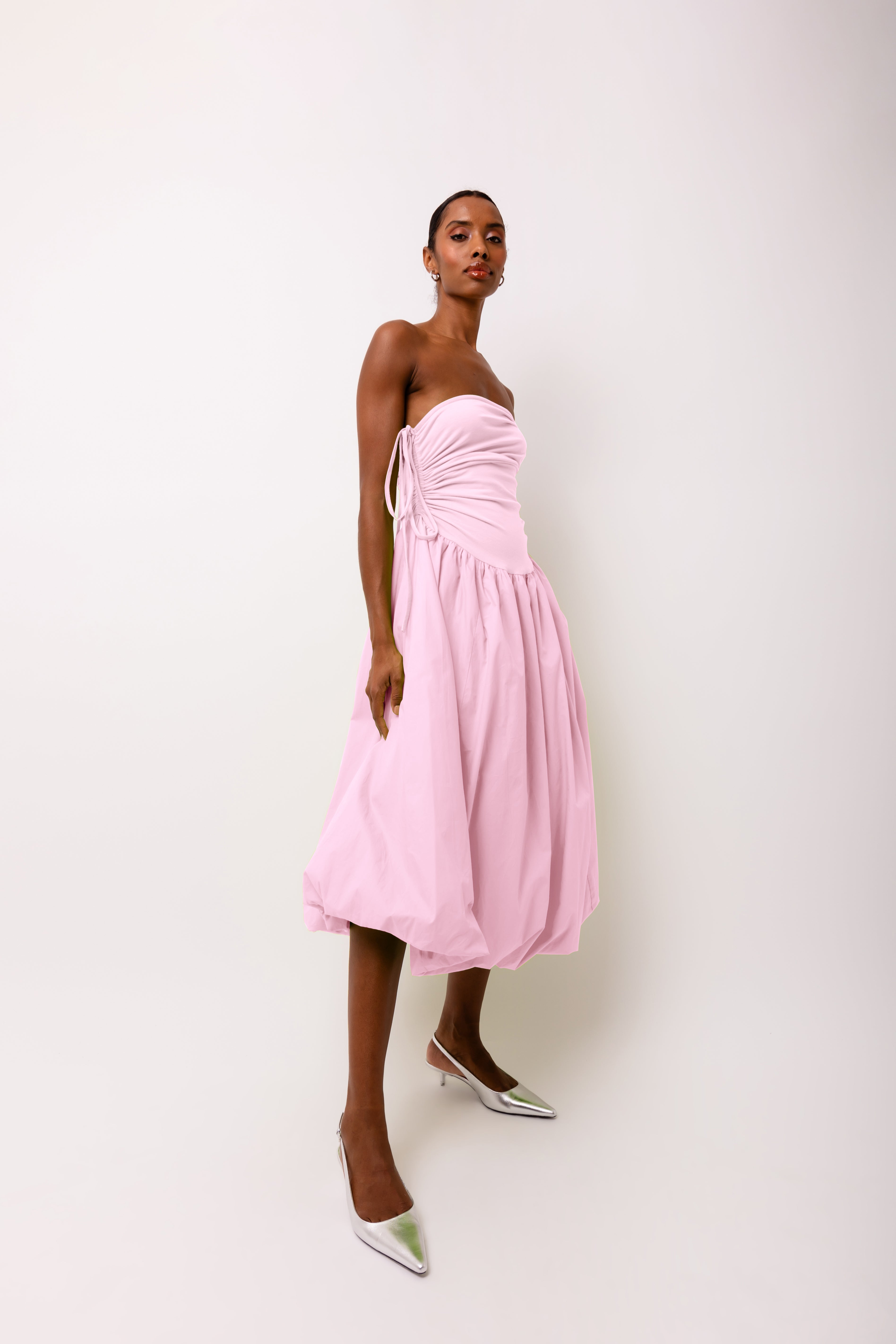Alexa Light Pink Puffball Cotton Stretch Midi Dress | AmyLynn