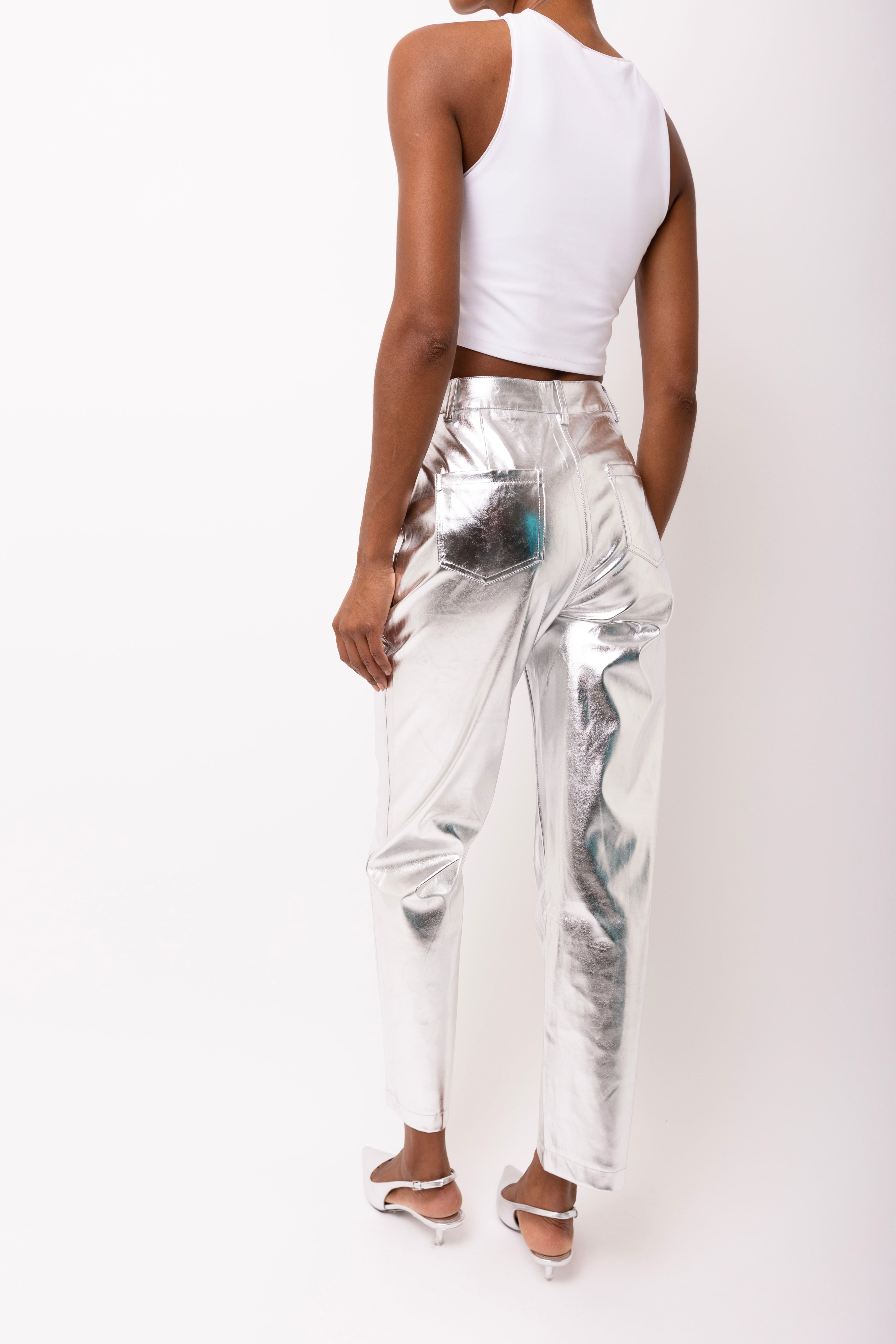 Lupe Silver Metallic Straight Leg High Rise Faux Leather Trousers | AmyLynn 