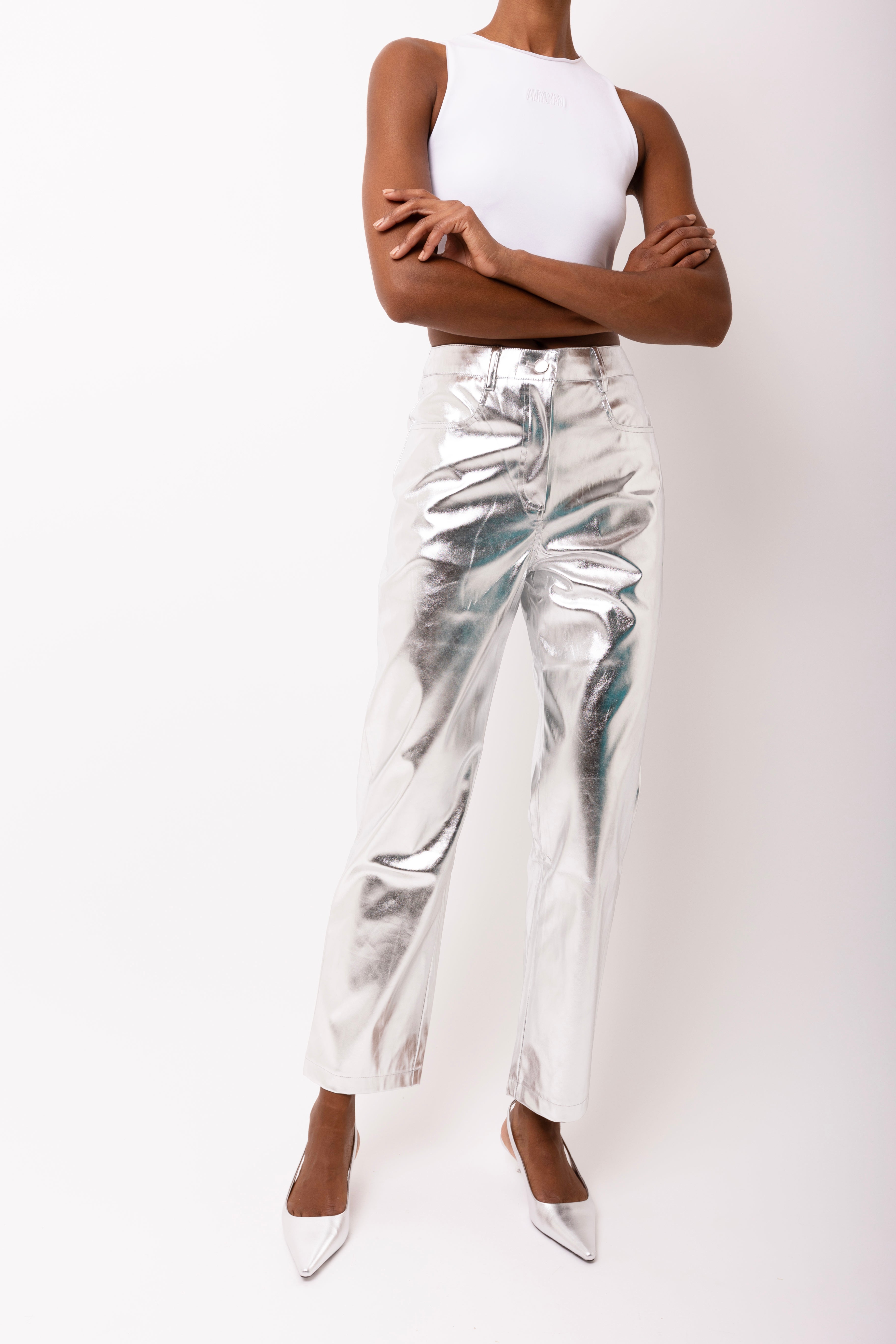 Lupe Silver Metallic Straight Leg High Rise Faux Leather Trousers | AmyLynn 