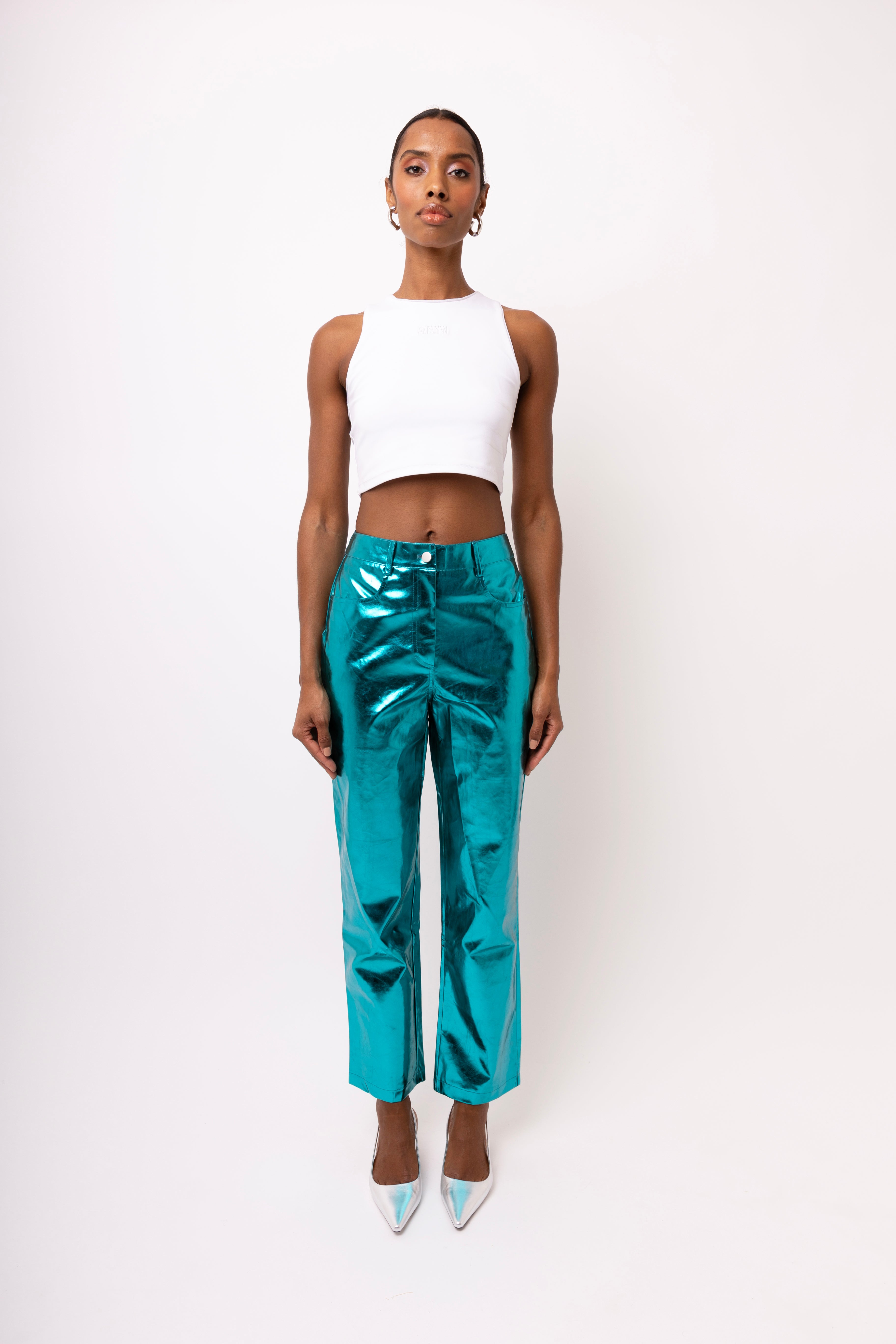 Lupe Blue Metallic Straight Leg High Rise Faux Leather Trousers | AmyLynn 