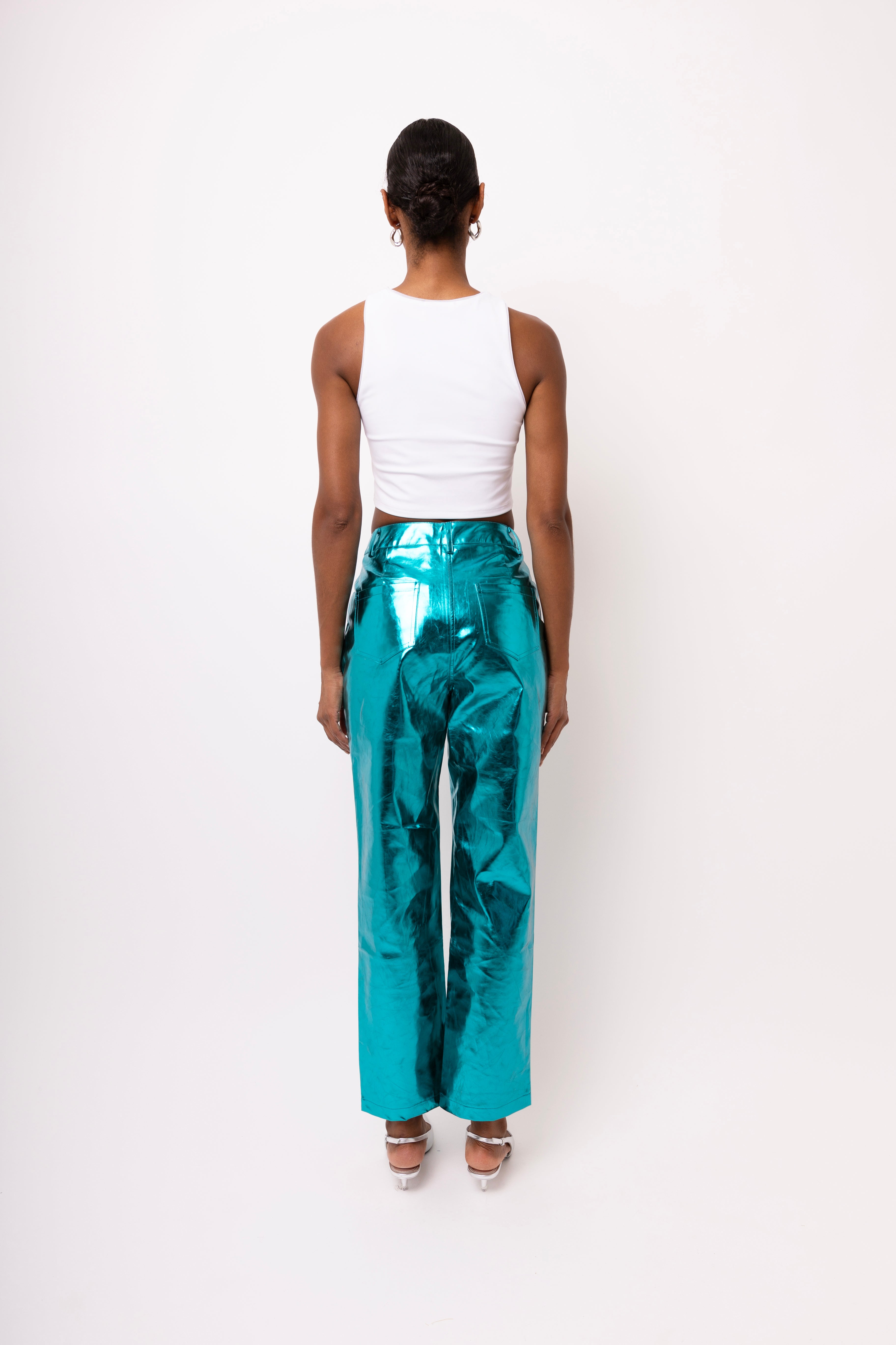 Lupe Blue Metallic Straight Leg High Rise Faux Leather Trousers | AmyLynn 