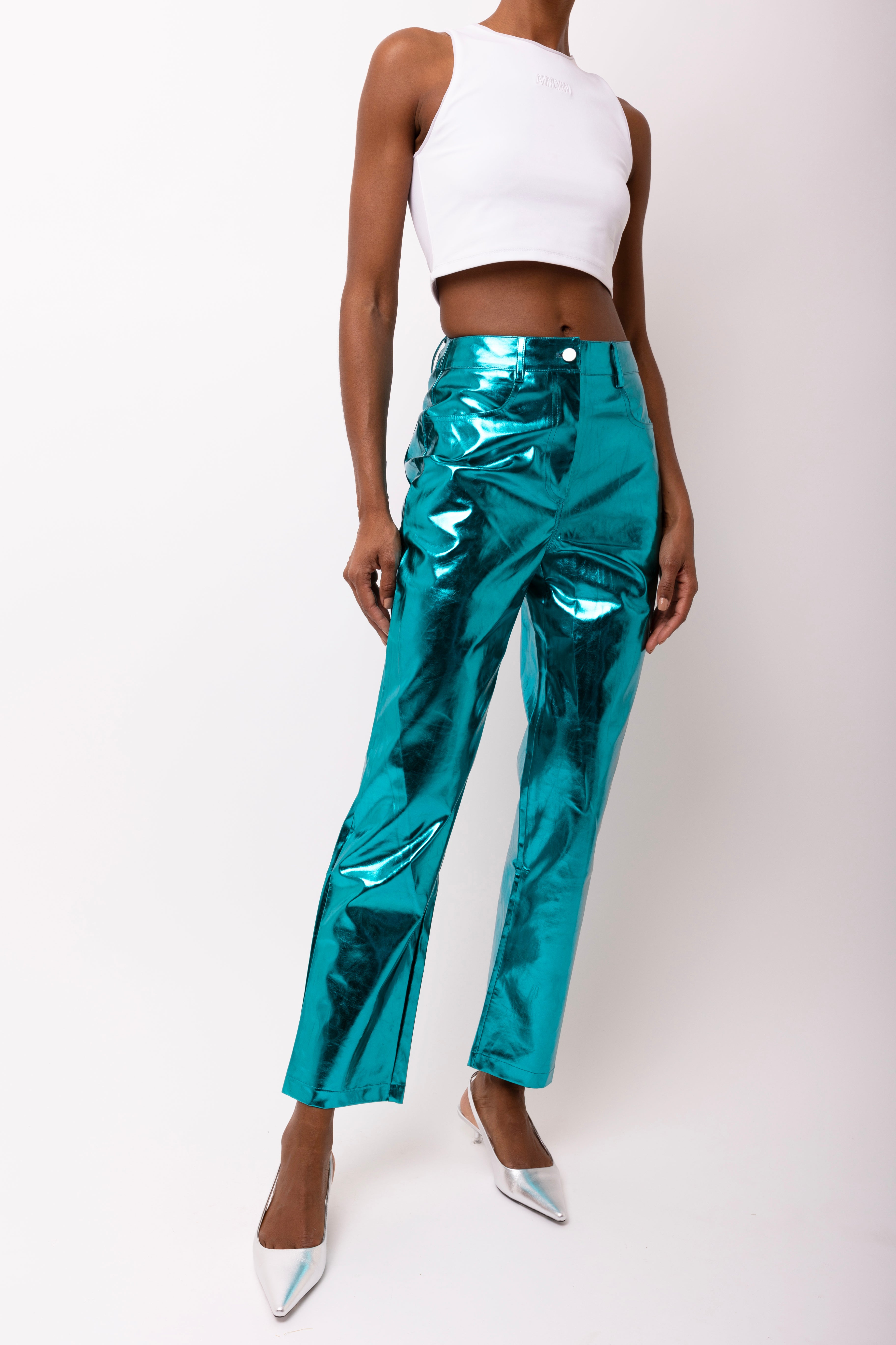 Lupe Blue Metallic Straight Leg High Rise Faux Leather Trousers | AmyLynn 