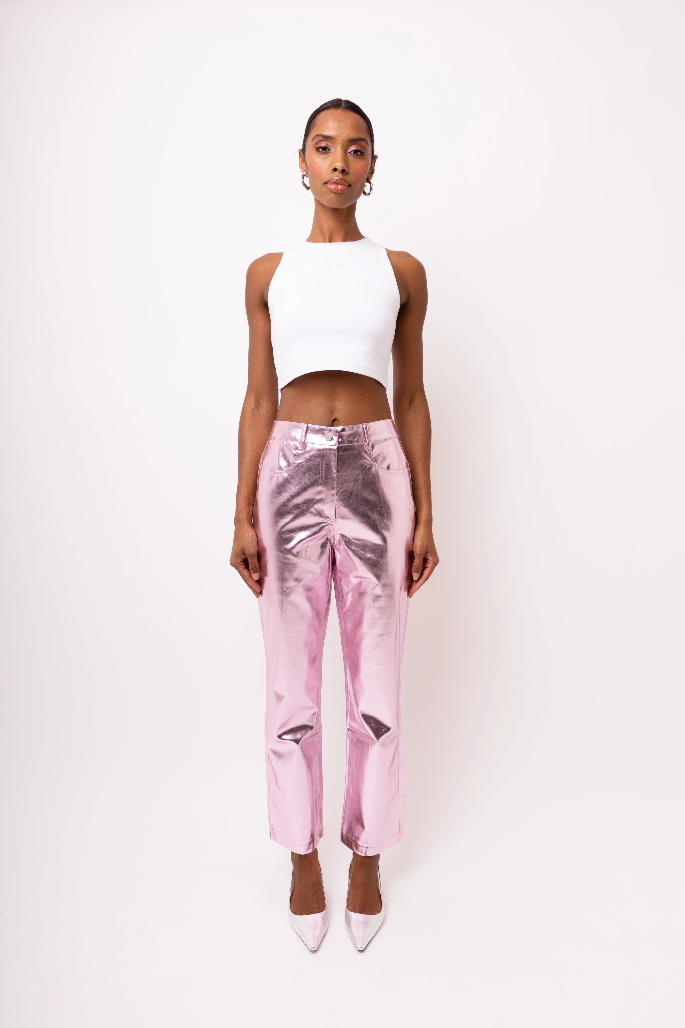 Lupe Light Pink Metallic Straight Leg High Rise Faux Leather Trousers ...