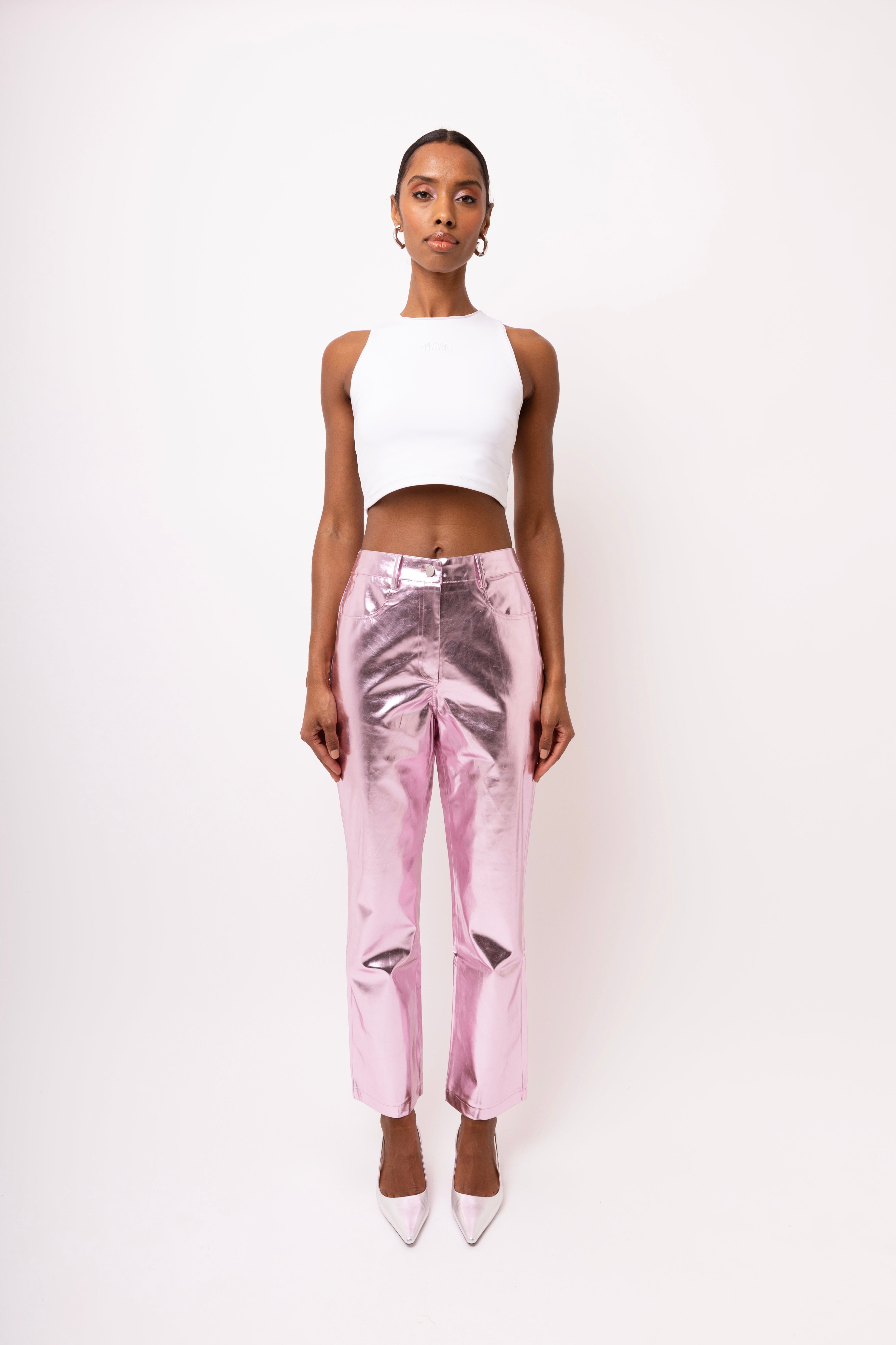 Lupe Light Pink Metallic Straight Leg High Rise Faux Leather Trousers | AmyLynn 
