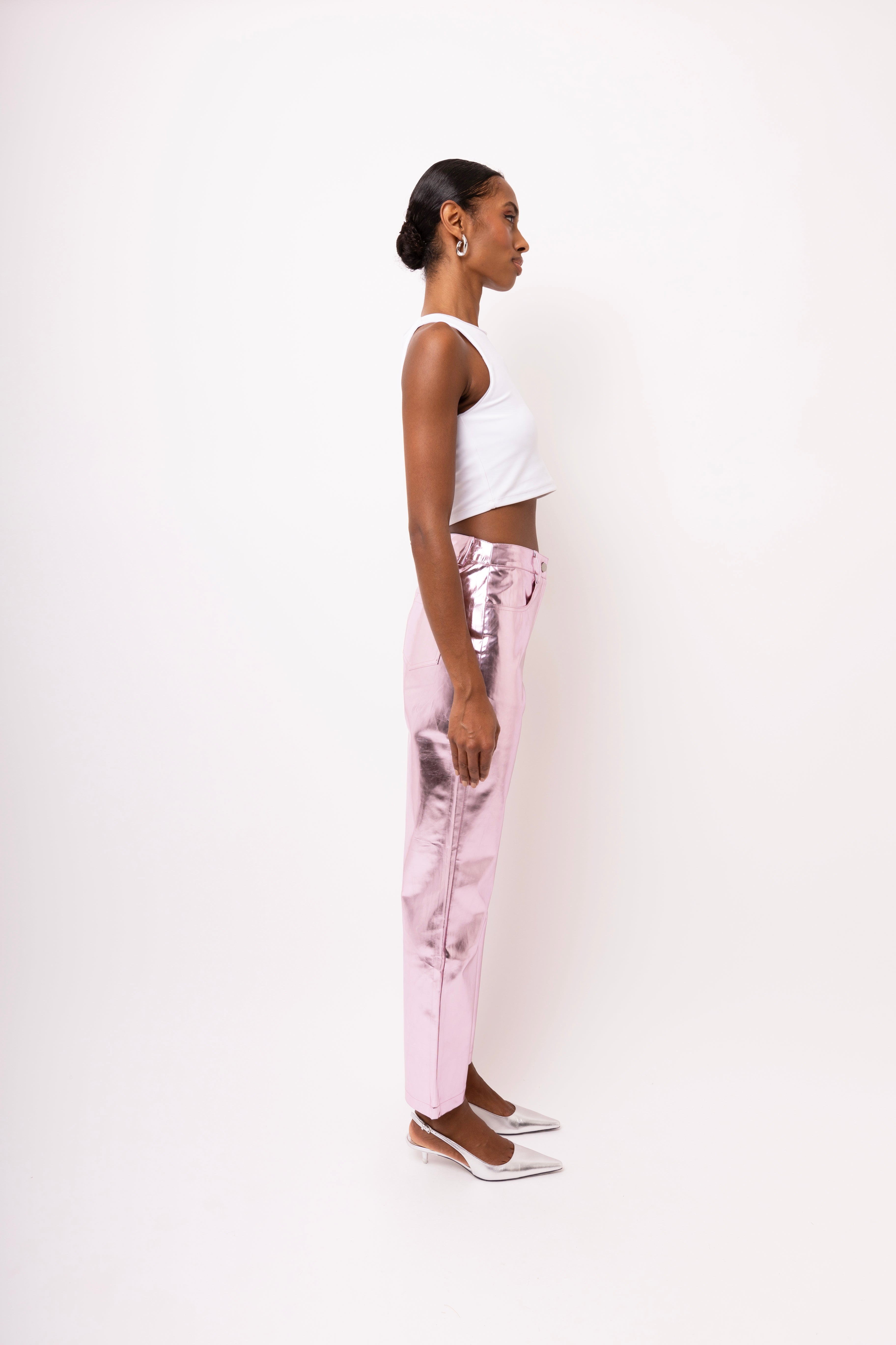 Lupe Light Pink Metallic Straight Leg High Rise Faux Leather Trousers | AmyLynn 