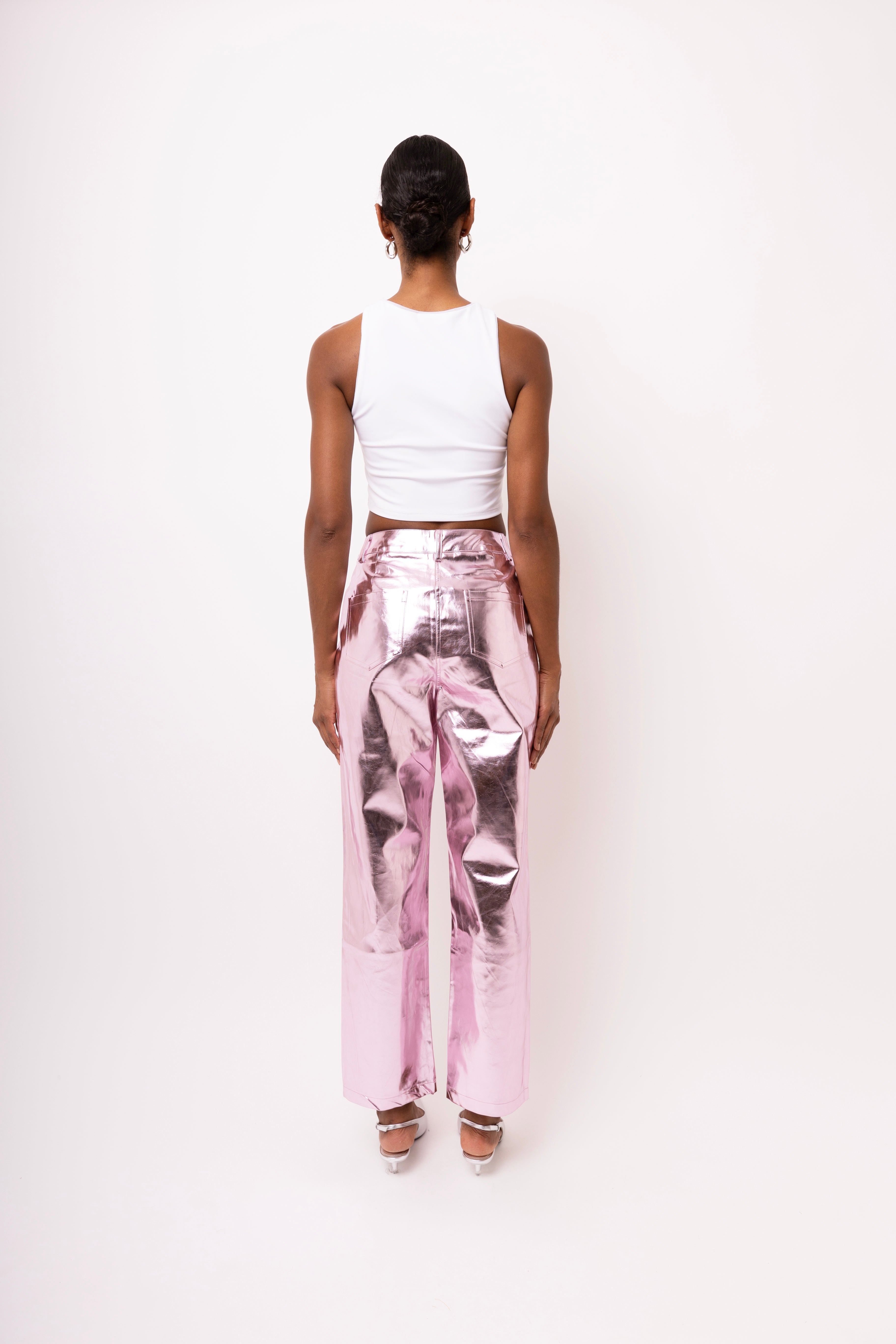 Lupe Light Pink Metallic Straight Leg High Rise Faux Leather Trousers | AmyLynn 