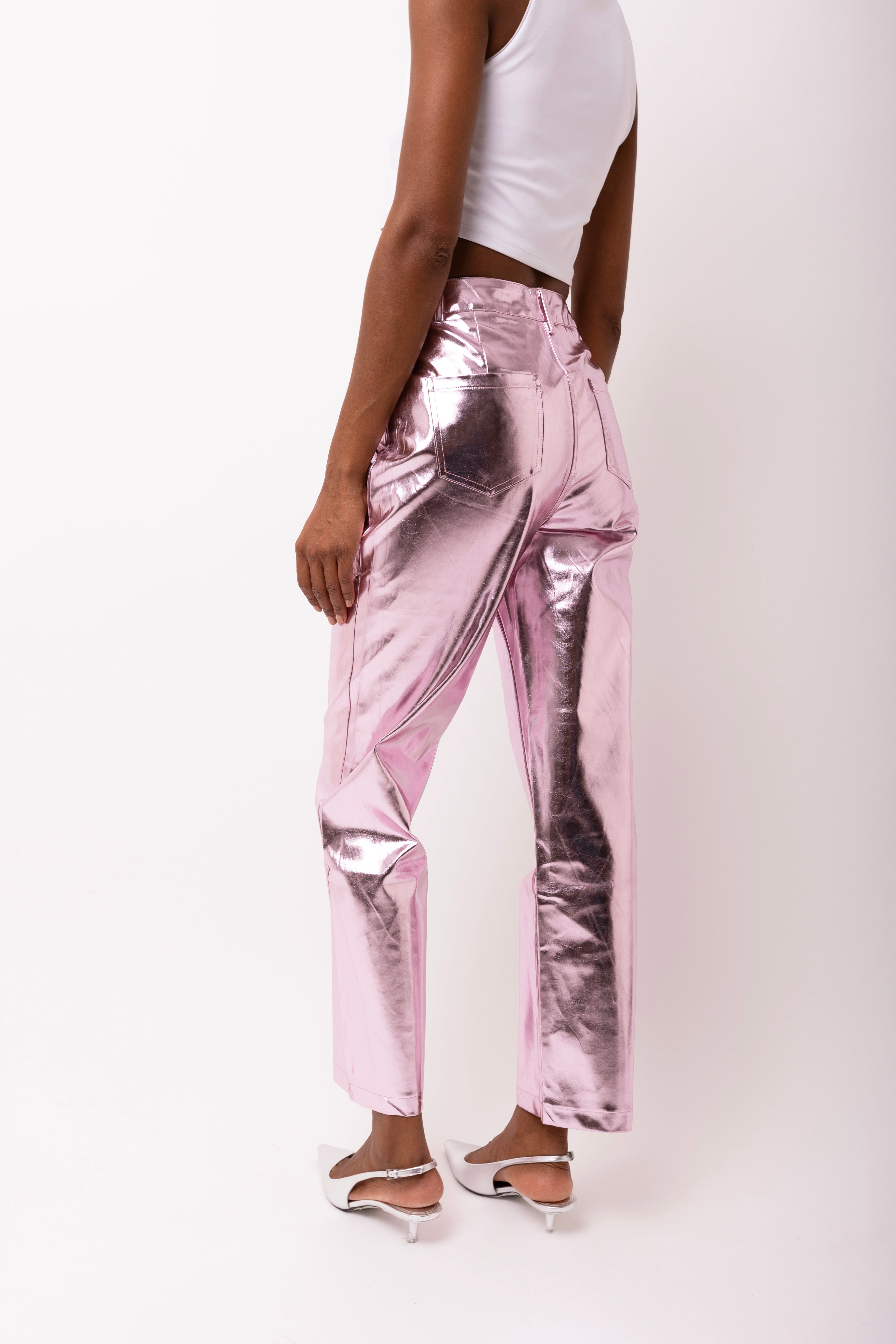 Lupe Light Pink Metallic Straight Leg High Rise Faux Leather Trousers | AmyLynn 