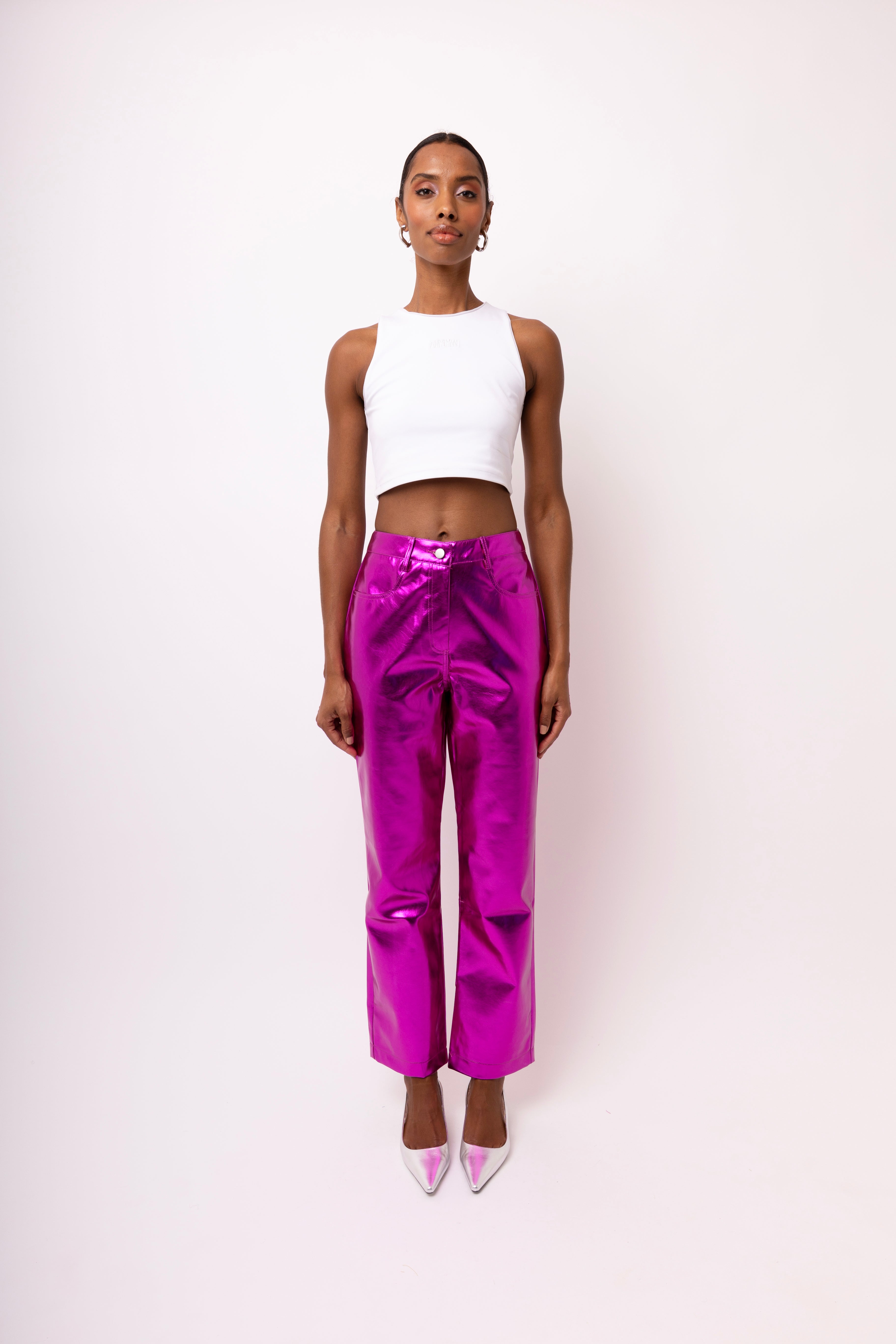 Lupe Magenta Pink Metallic Straight Leg High Rise Vegan Leather Trousers | AmyLynn 