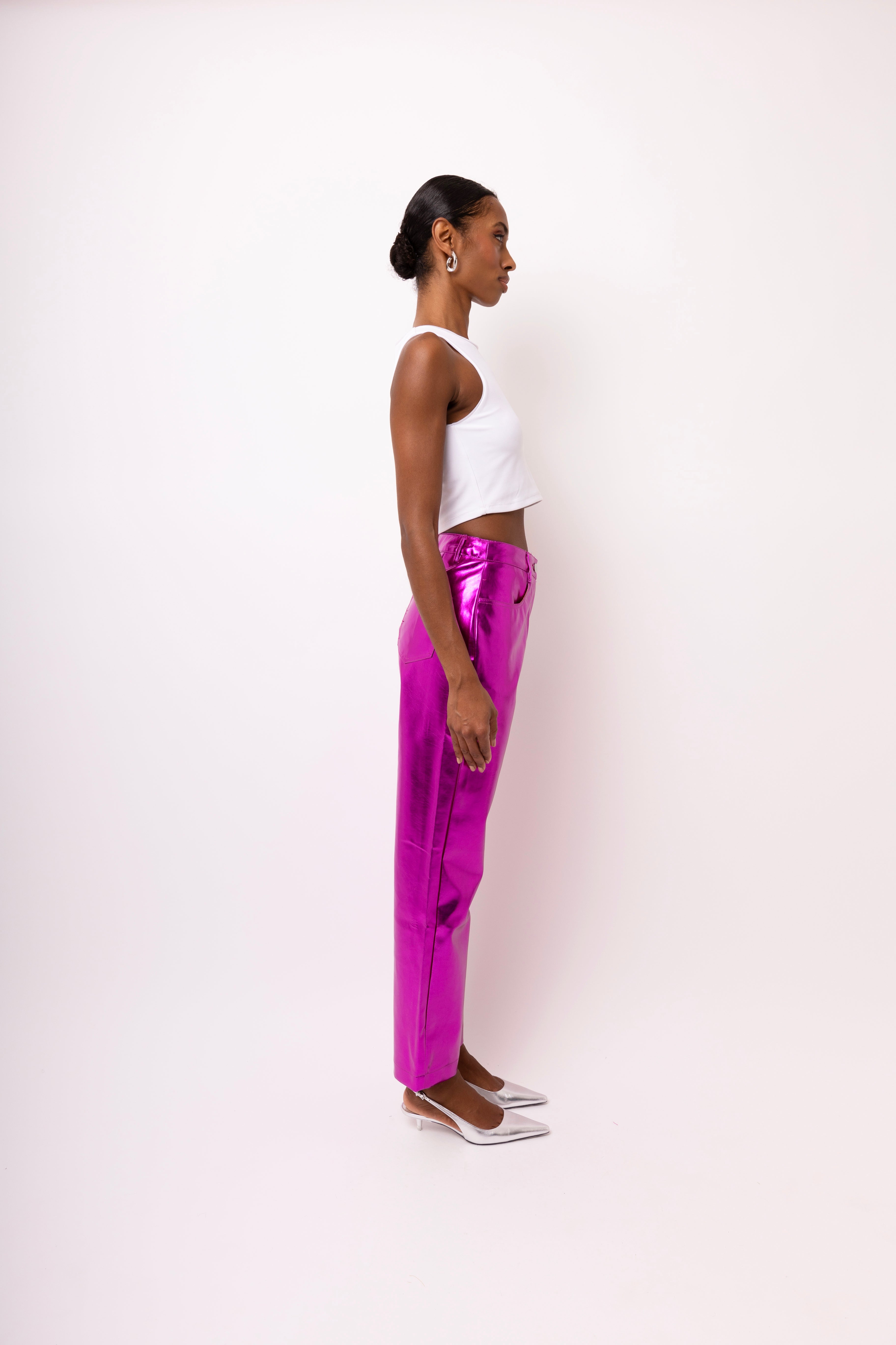 Lupe Magenta Pink Metallic Straight Leg High Rise Vegan Leather Trousers | AmyLynn 