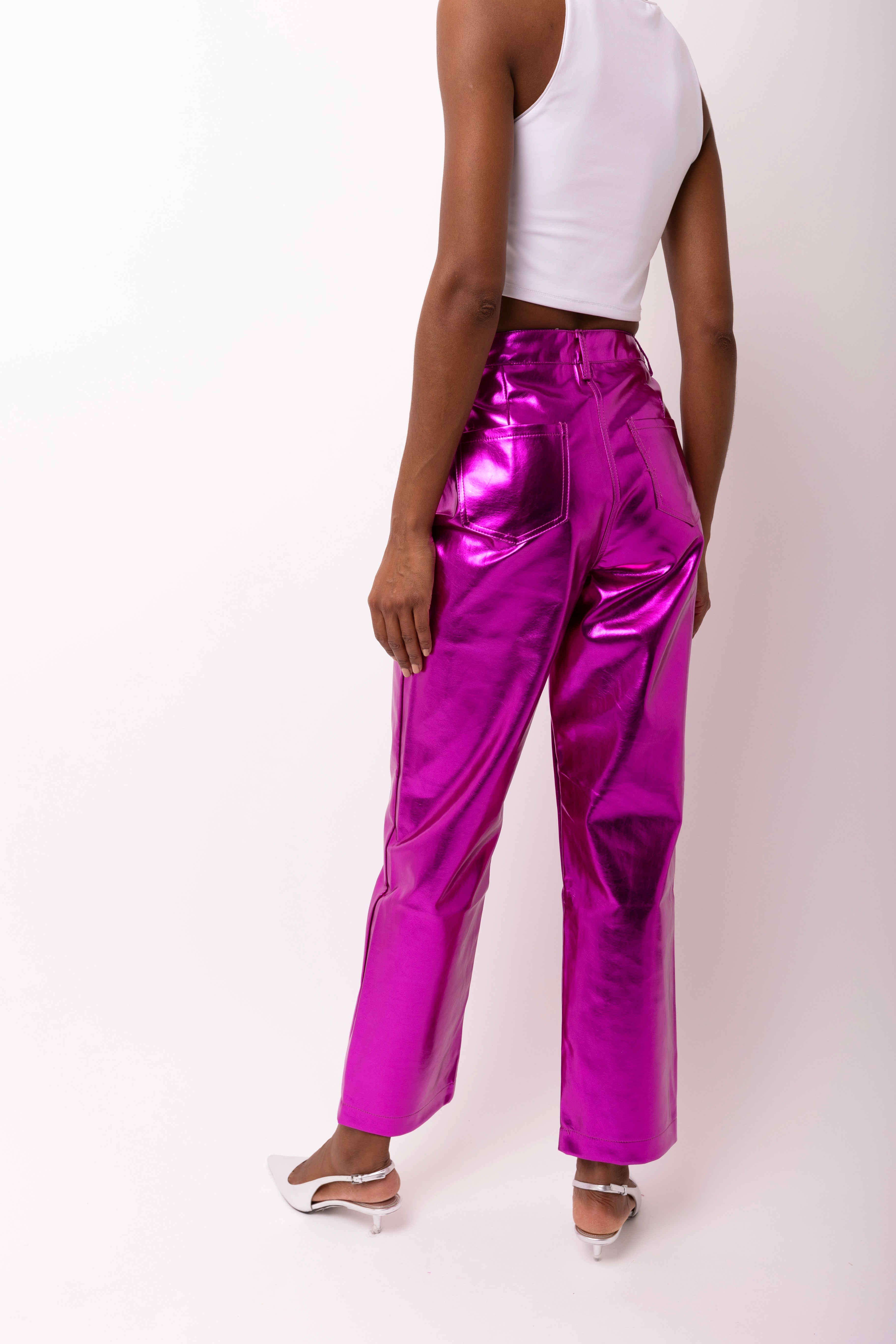 Lupe Magenta Pink Metallic Straight Leg High Rise Vegan Leather Trousers | AmyLynn 