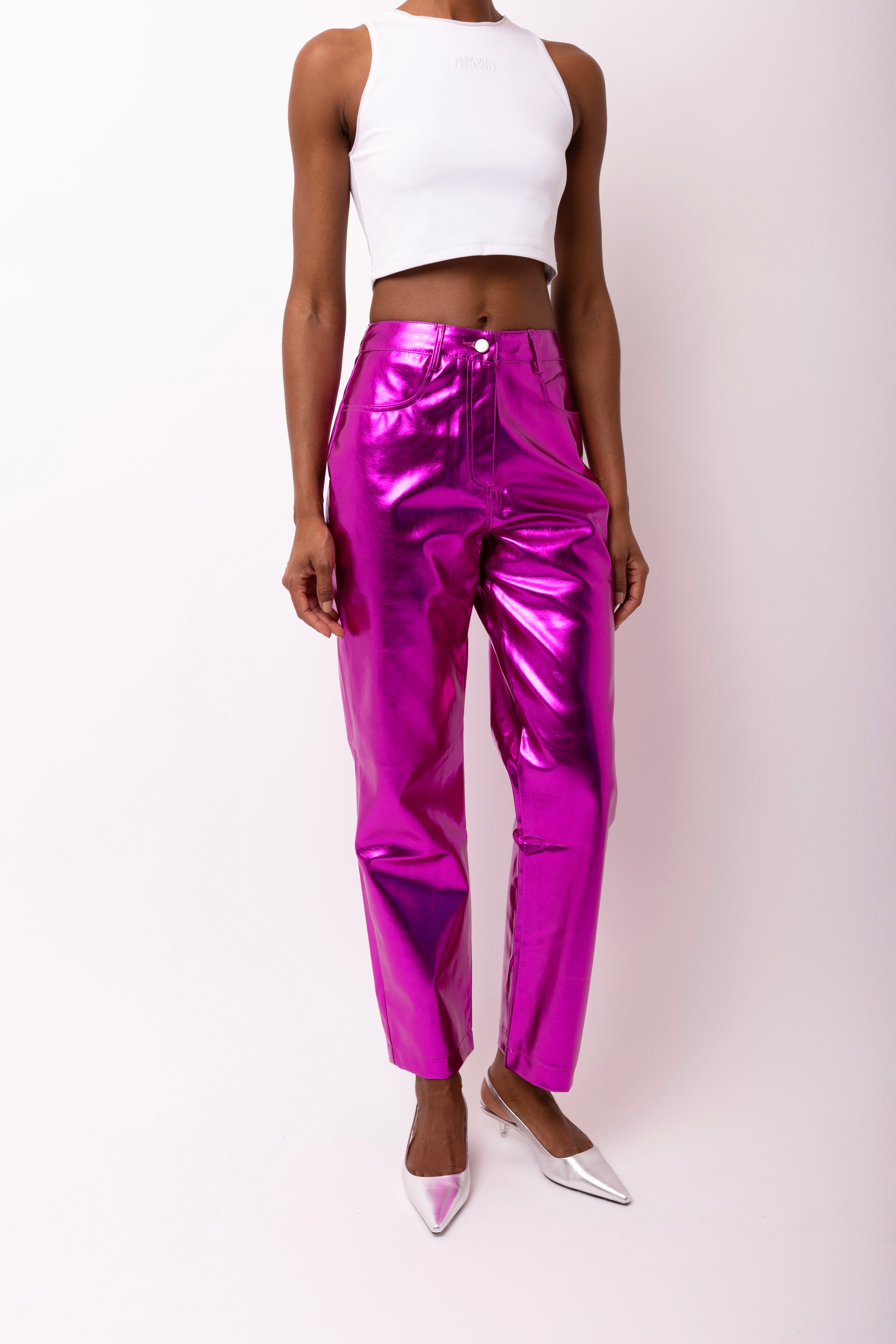 Lupe Magenta Pink Metallic Straight Leg High Rise Vegan Leather Trousers | AmyLynn 